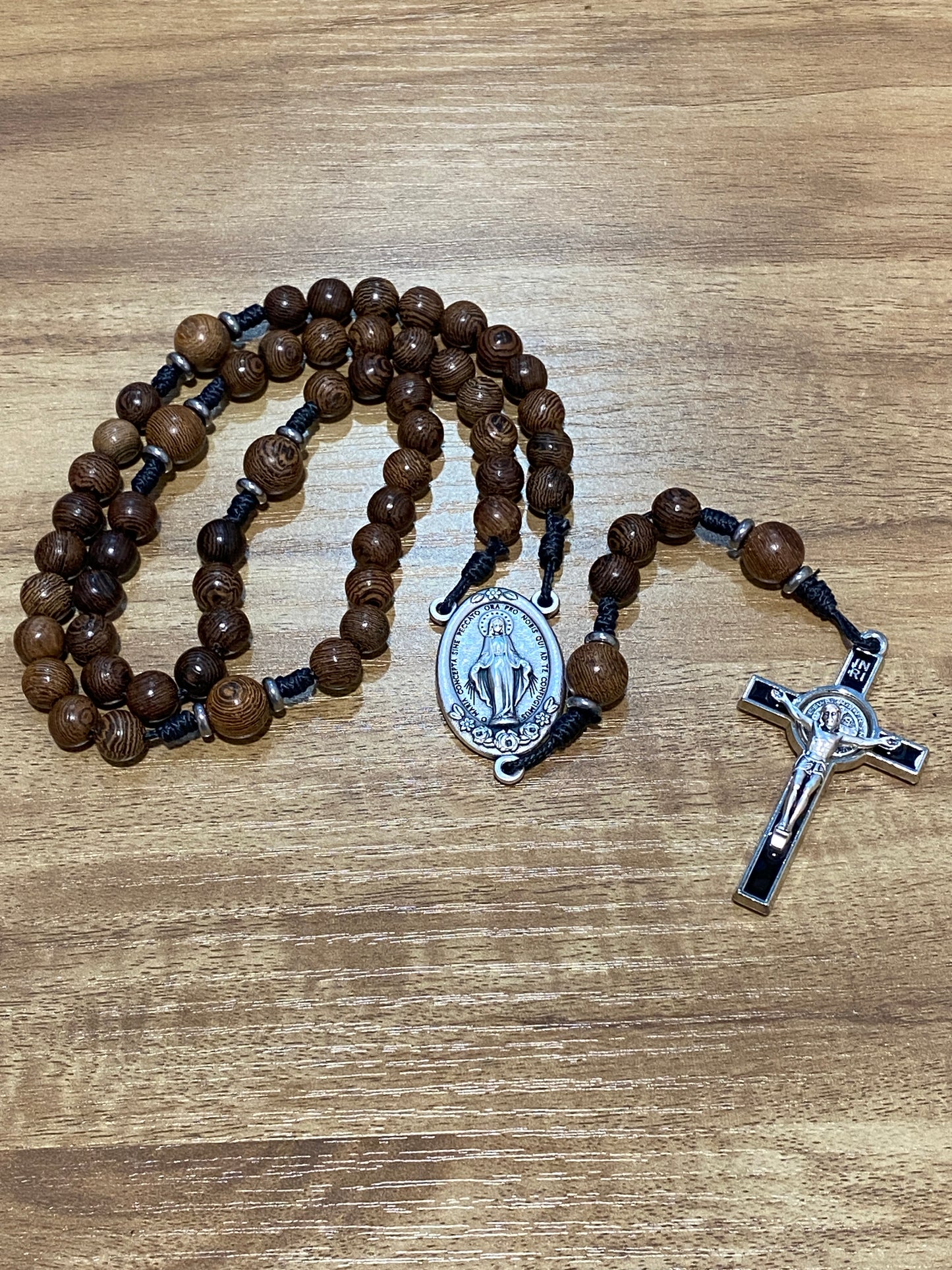 Kevlar cord - Miraculous Medal - Black Cord and Wood Beads