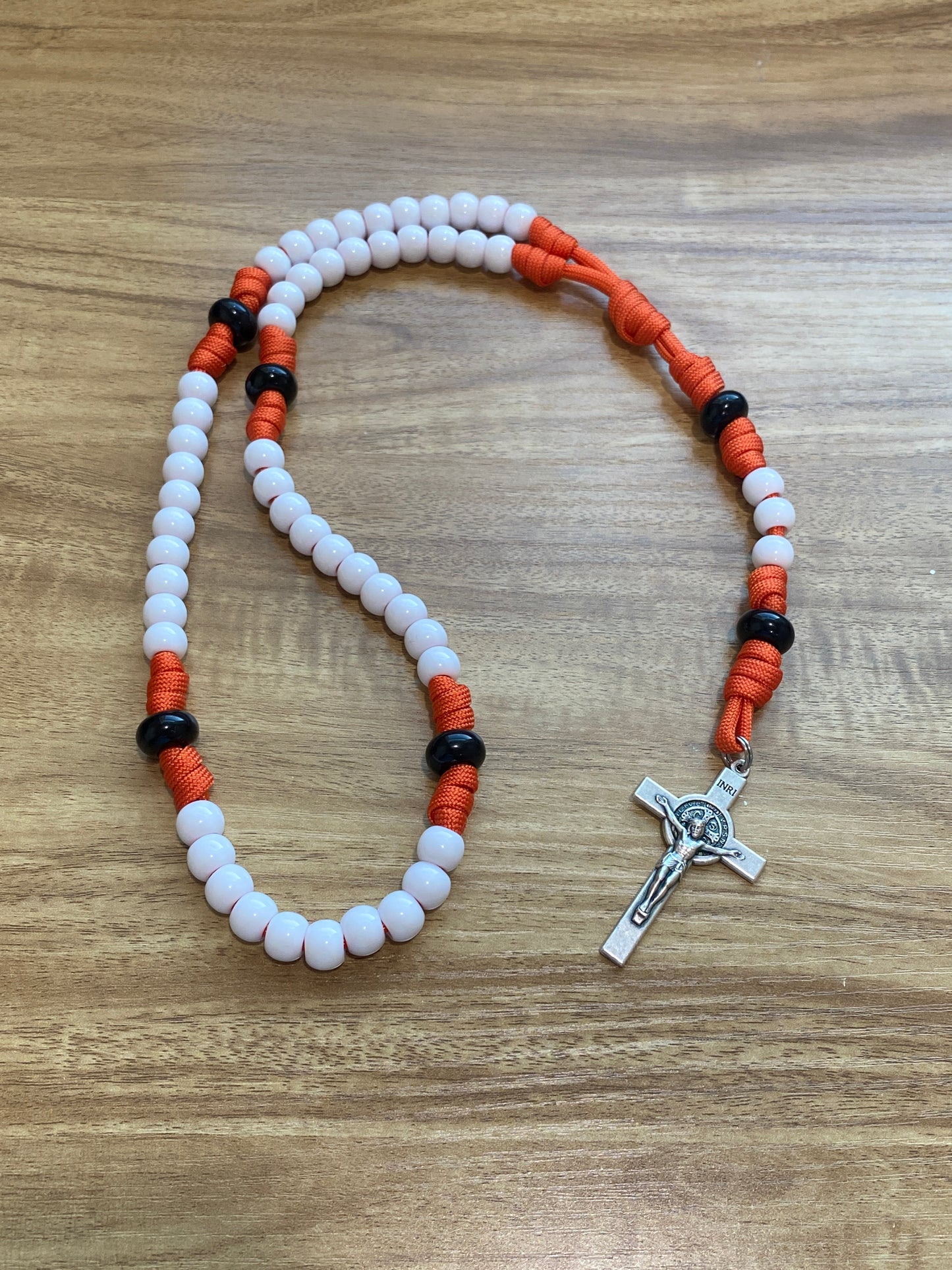 Paracord Rosary - White and Burnt Orange - Acrylic Beads