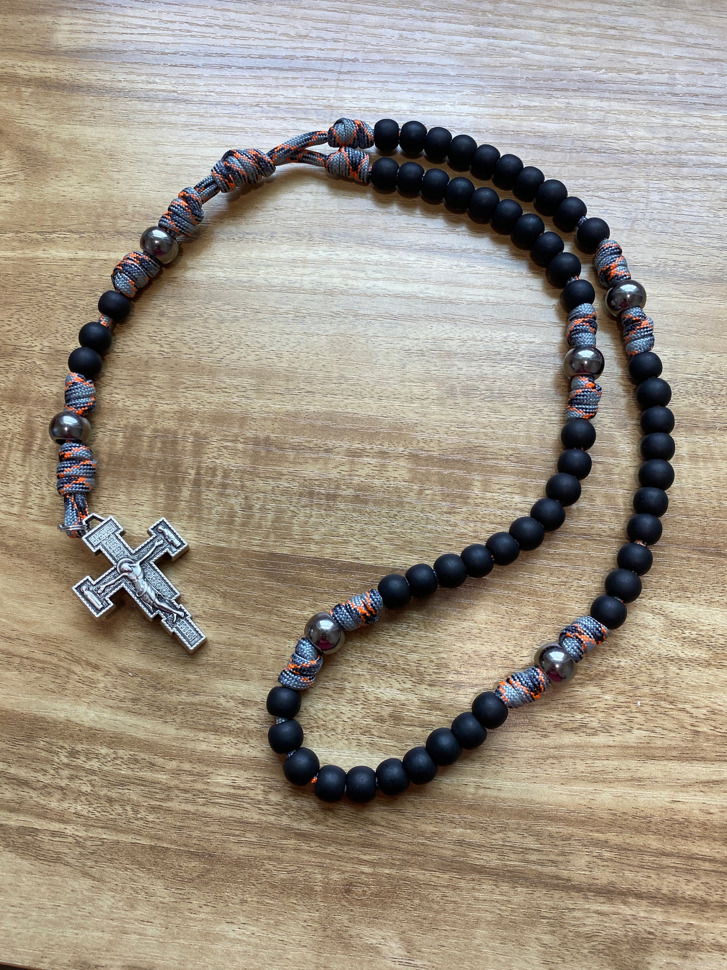 Paracord Rosary - Grey Orange Camo Cord and Black Acrylic Beads