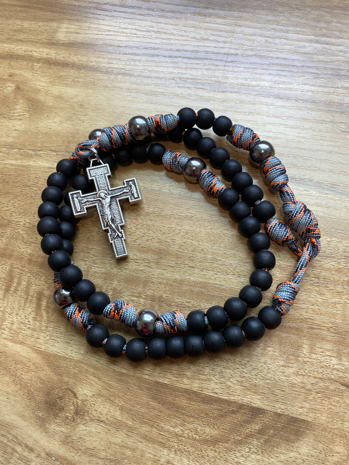 Paracord Rosary - Grey Orange Camo Cord and Black Acrylic Beads