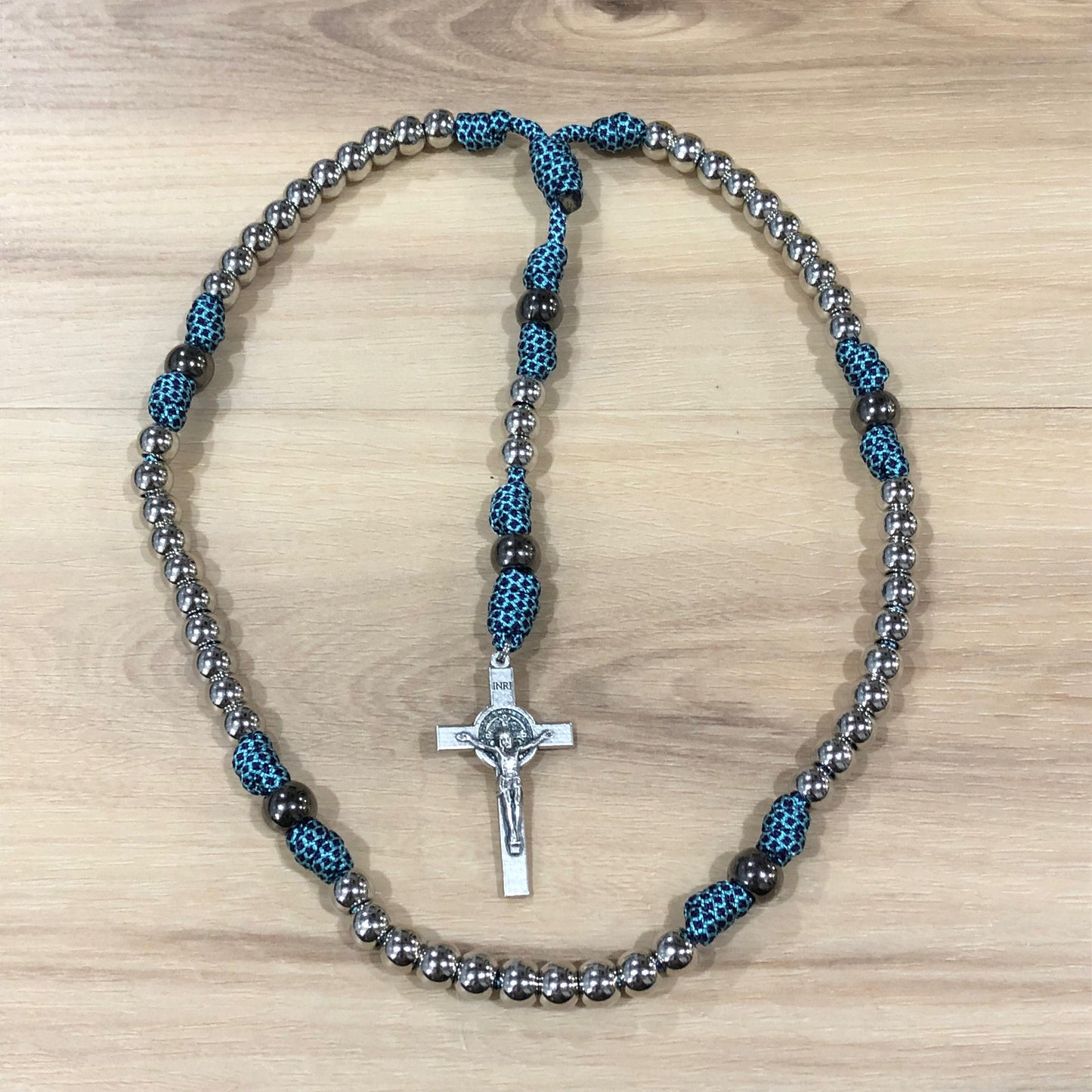 Paracord Rosary - Turquoise/purple and silver - acrylic beads