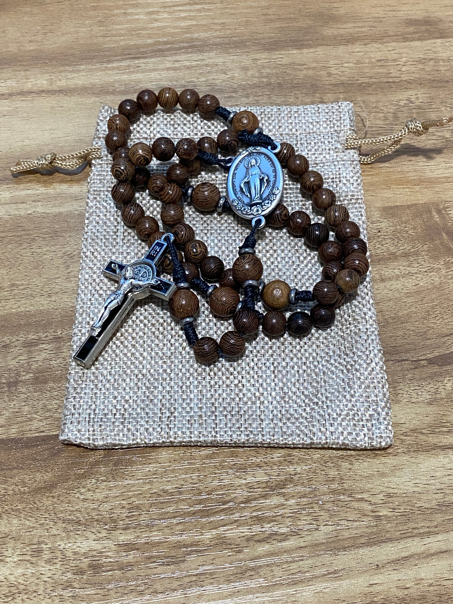 Kevlar cord - Miraculous Medal - Black Cord and Wood Beads