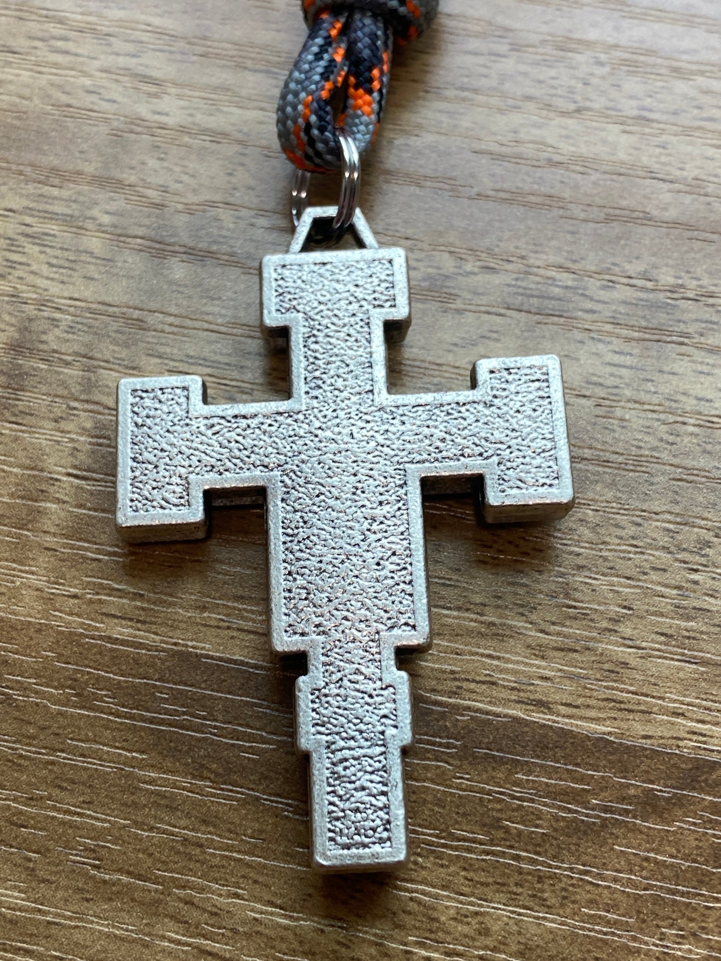 Paracord Rosary - Grey Orange Camo Cord and Black Acrylic Beads