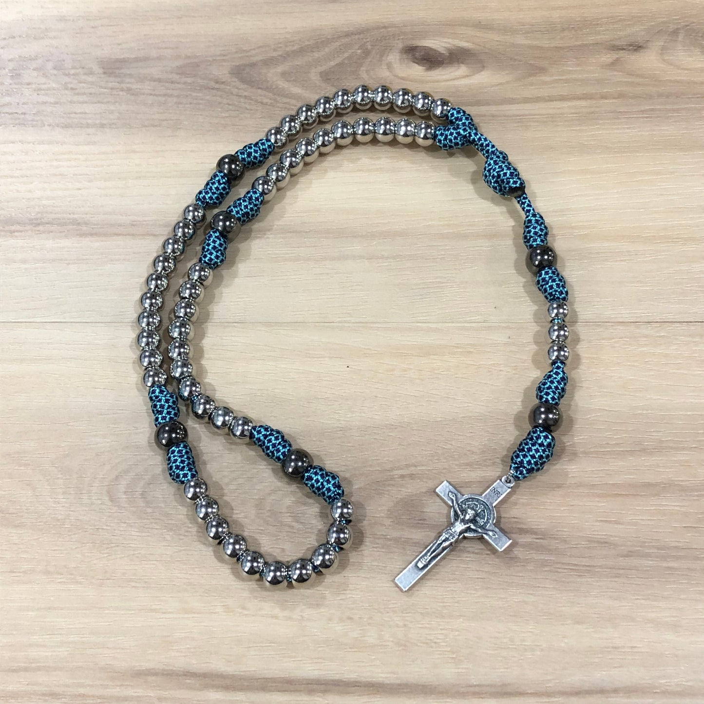 Paracord Rosary - Turquoise/purple and silver - acrylic beads