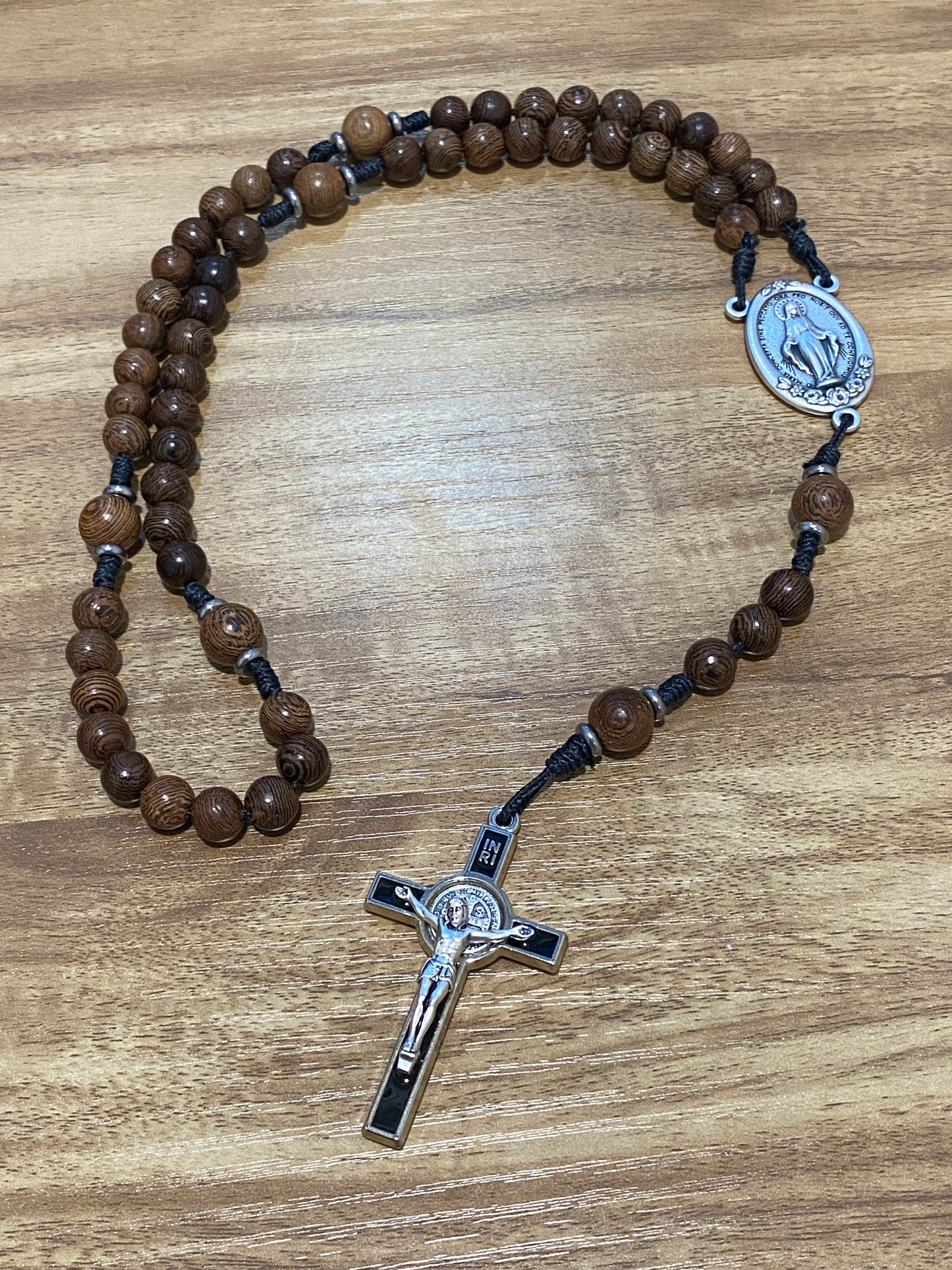 Kevlar cord - Miraculous Medal - Black Cord and Wood Beads