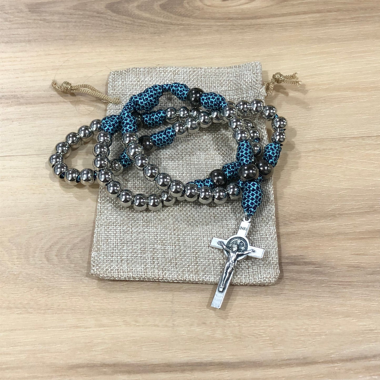 Paracord Rosary - Turquoise/purple and silver - acrylic beads