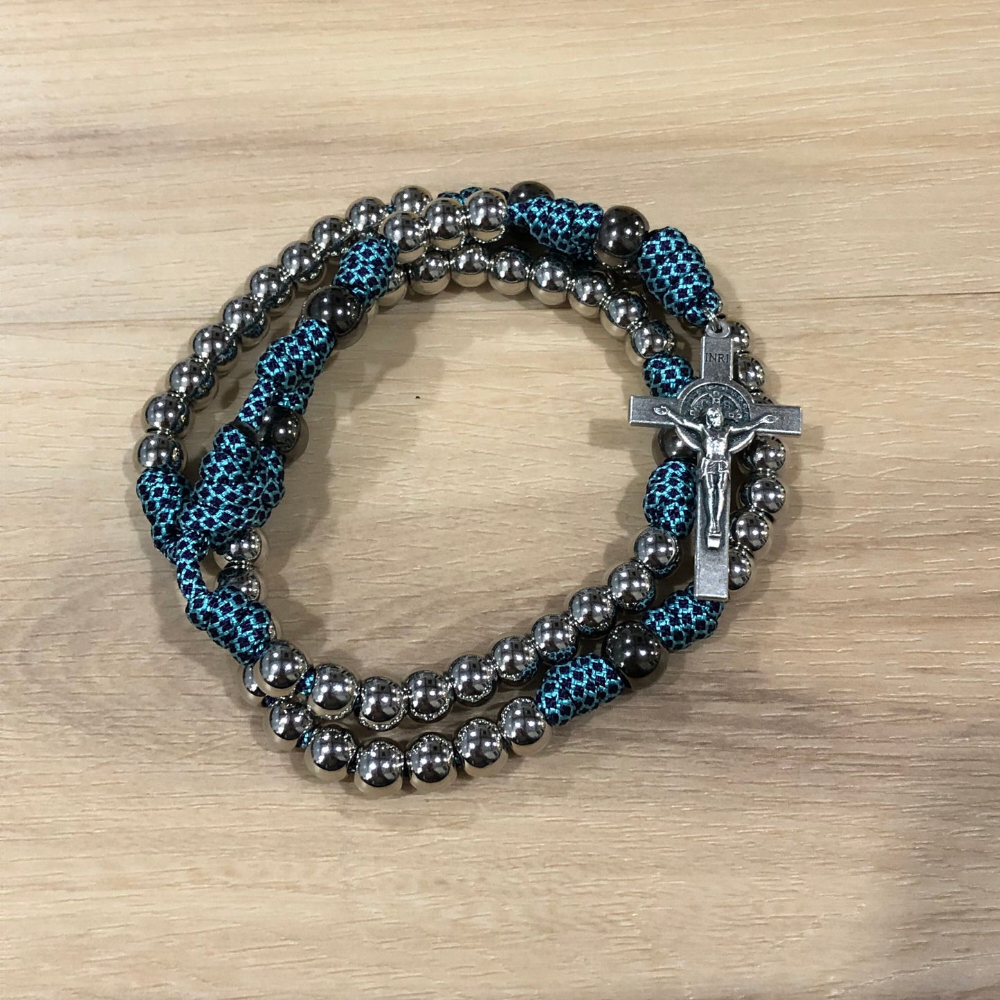 Paracord Rosary - Turquoise/purple and silver - acrylic beads