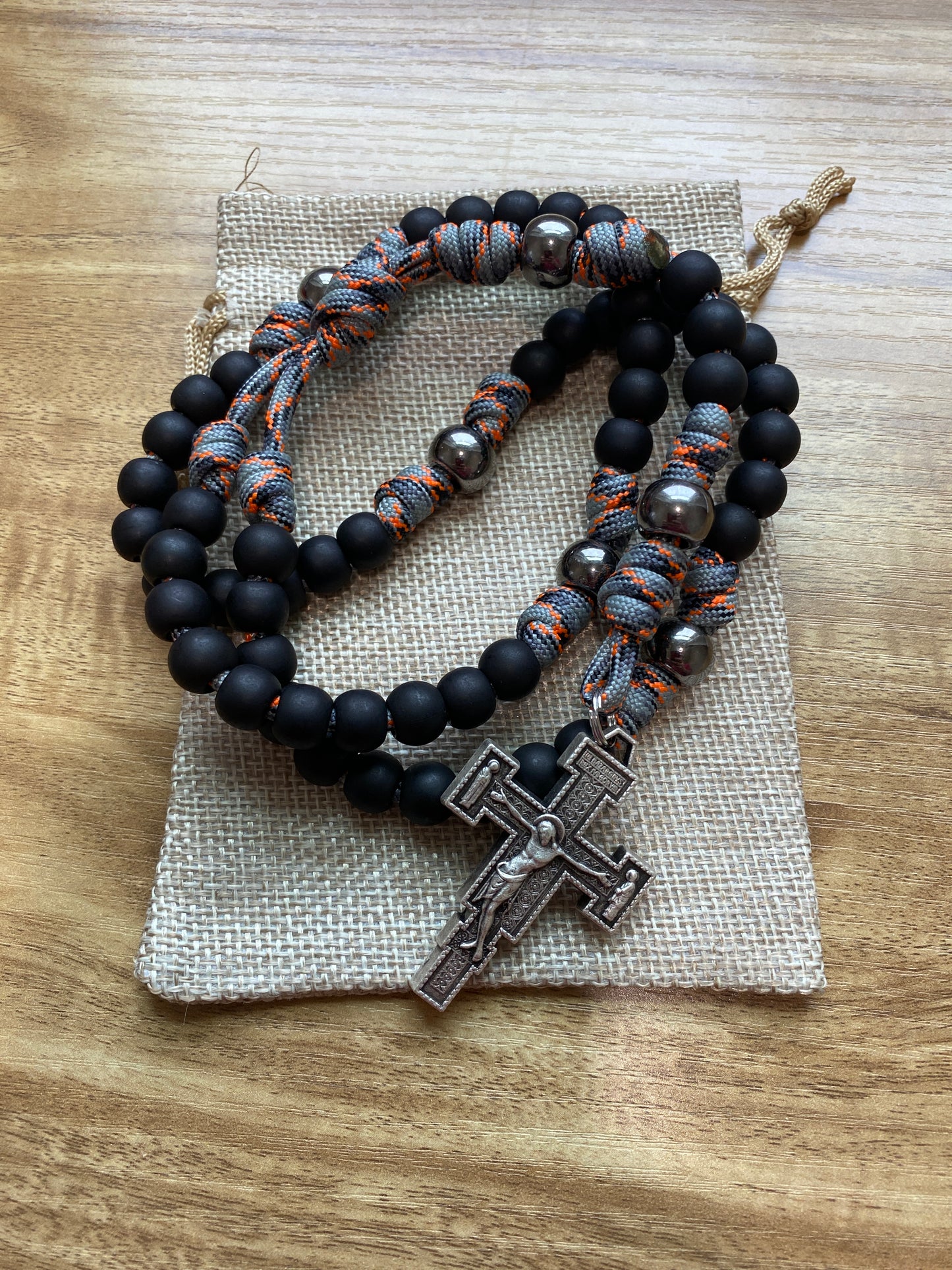 Paracord Rosary - Grey Orange Camo Cord and Black Acrylic Beads