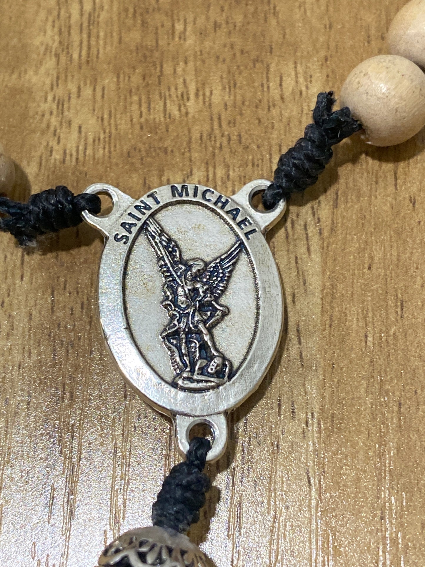 Kevlar Cord St. Michael Rosary - Black Cord and Wood Beads
