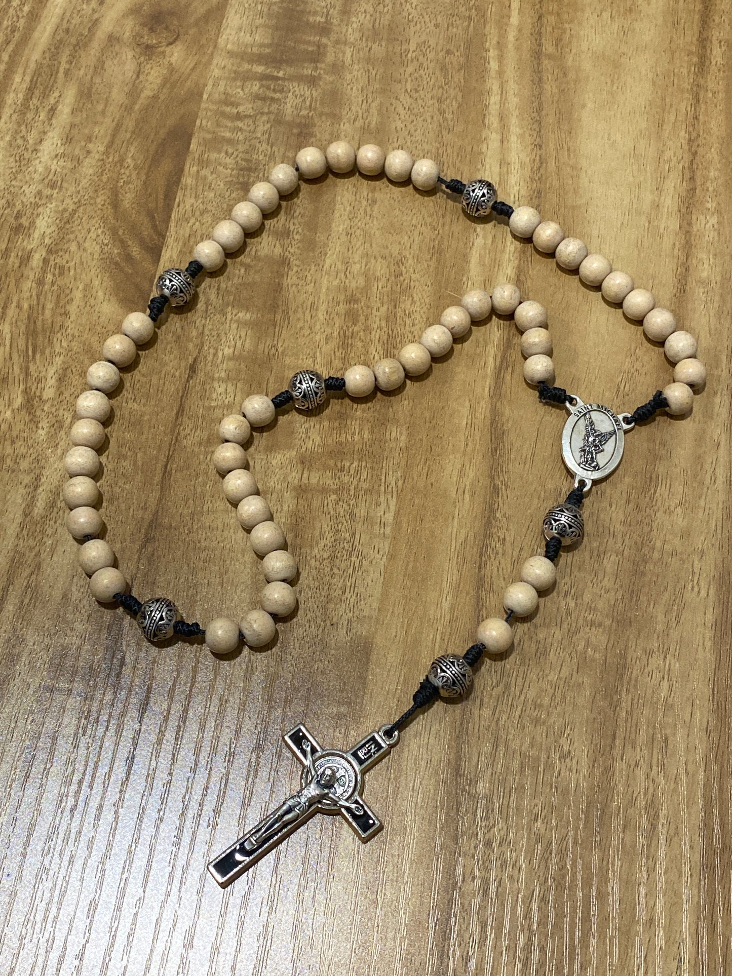 Kevlar Cord St. Michael Rosary - Black Cord and Wood Beads