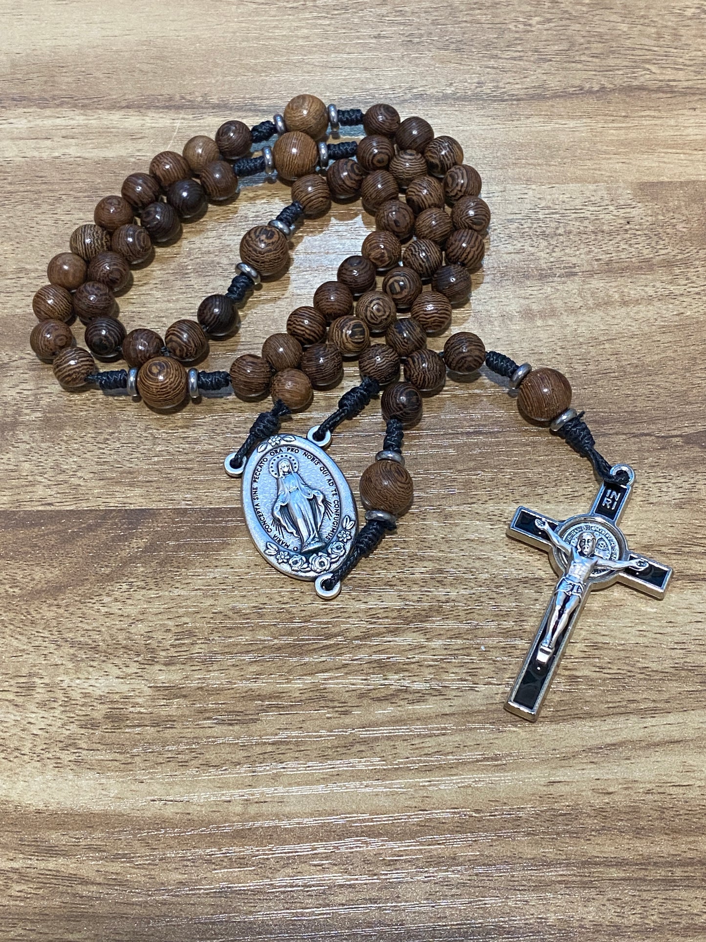 Kevlar cord - Miraculous Medal - Black Cord and Wood Beads