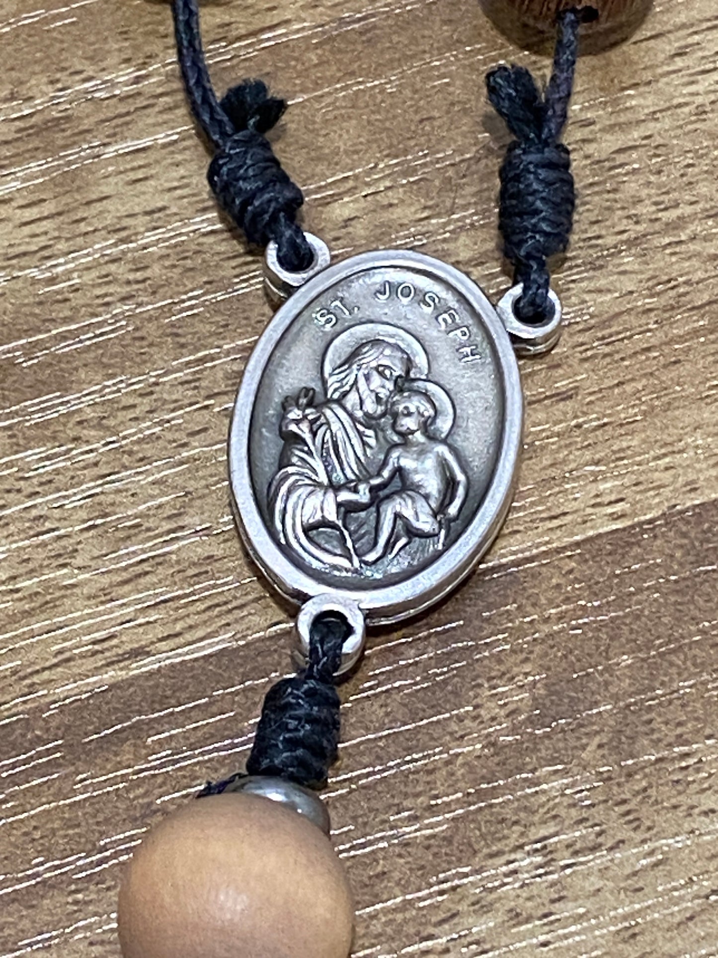 Kevlar Cord St. Joseph Rosary - Black Cord and Wood Beads