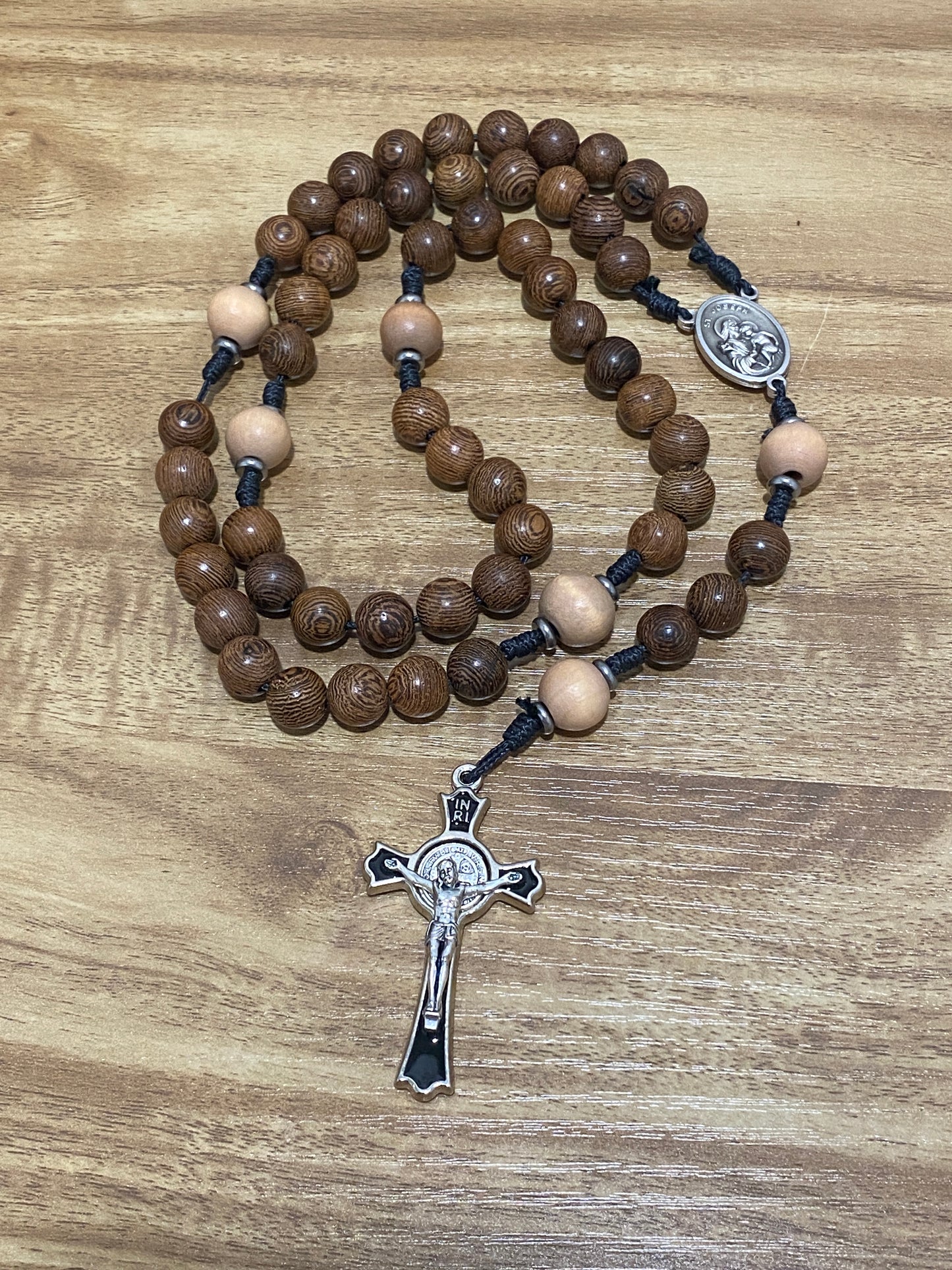 Kevlar Cord St. Joseph Rosary - Black Cord and Wood Beads