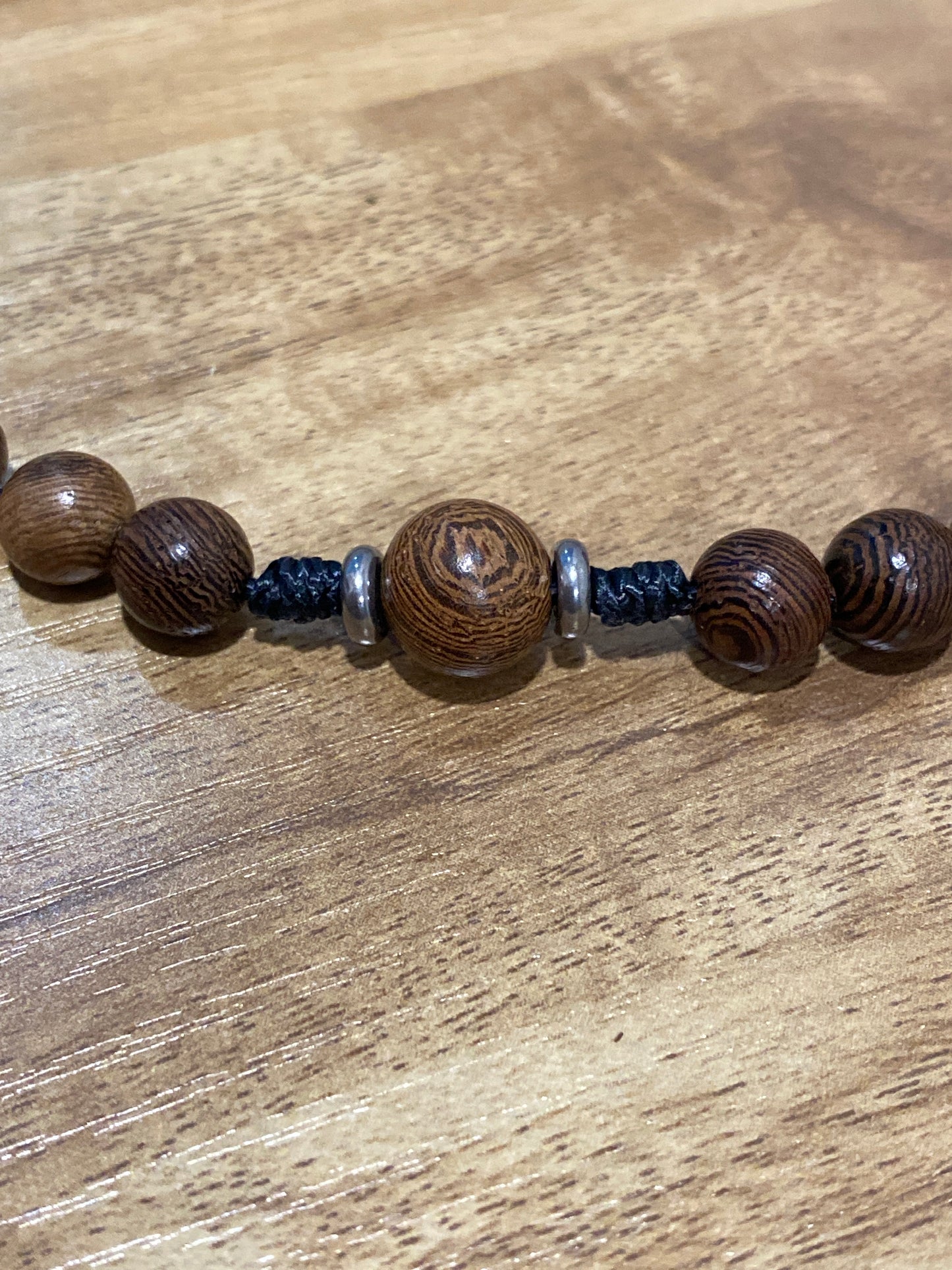 Kevlar cord - Miraculous Medal - Black Cord and Wood Beads
