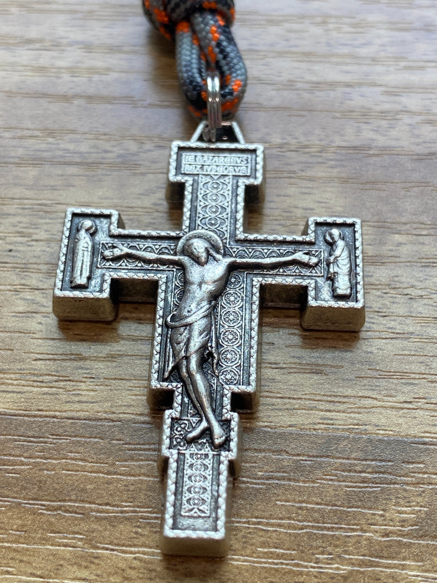 Paracord Rosary - Grey Orange Camo Cord and Black Acrylic Beads