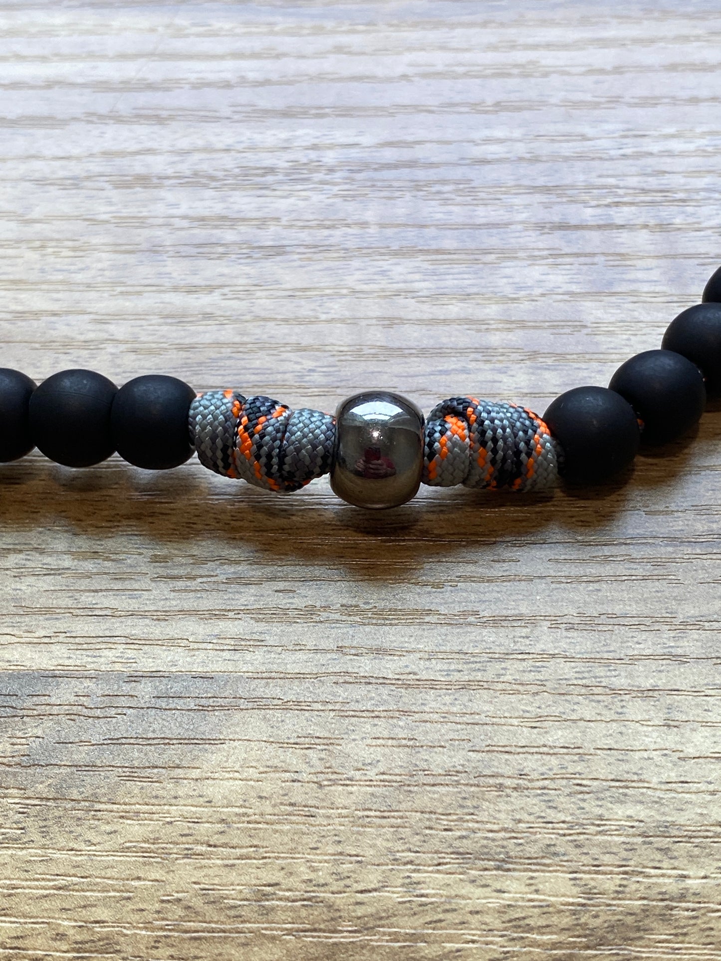 Paracord Rosary - Grey Orange Camo Cord and Black Acrylic Beads