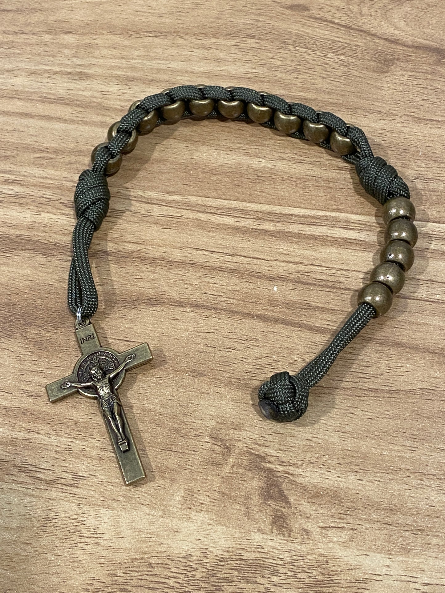 Paracord Pocket/Field Rosary - Olive Green and Antique Brass - Metal Beads