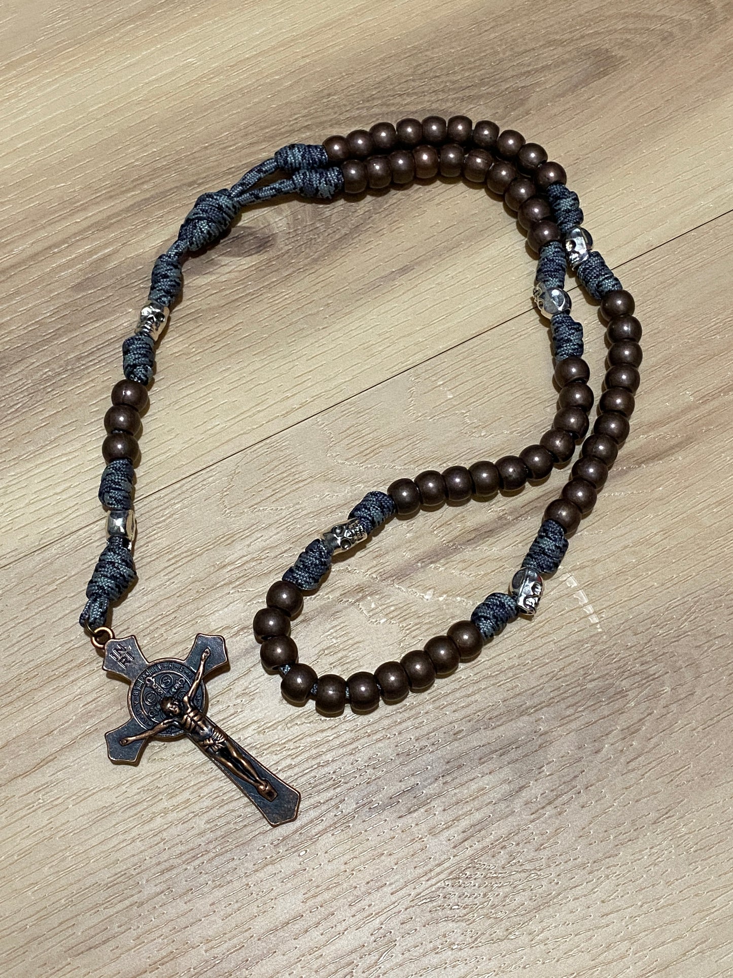 Memento Mori Paracord Rosary - Grey Camo and Antique Copper - Metal Beads