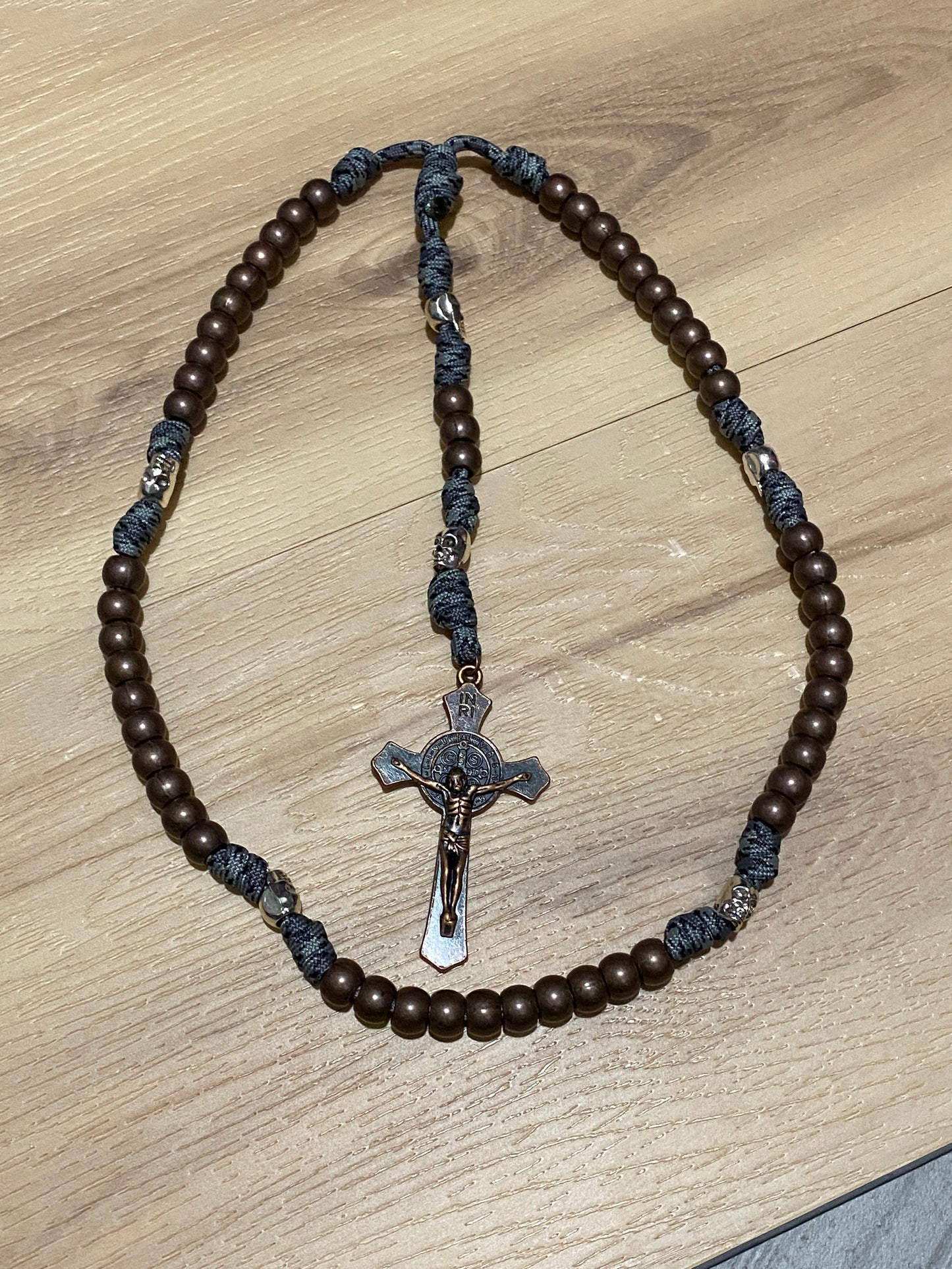 Memento Mori Paracord Rosary - Grey Camo and Antique Copper - Metal Beads