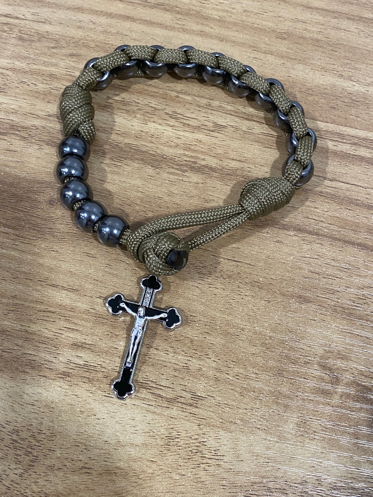 Paracord Pocket/Field Rosary - Brown and Gunmetal - Metal Beads
