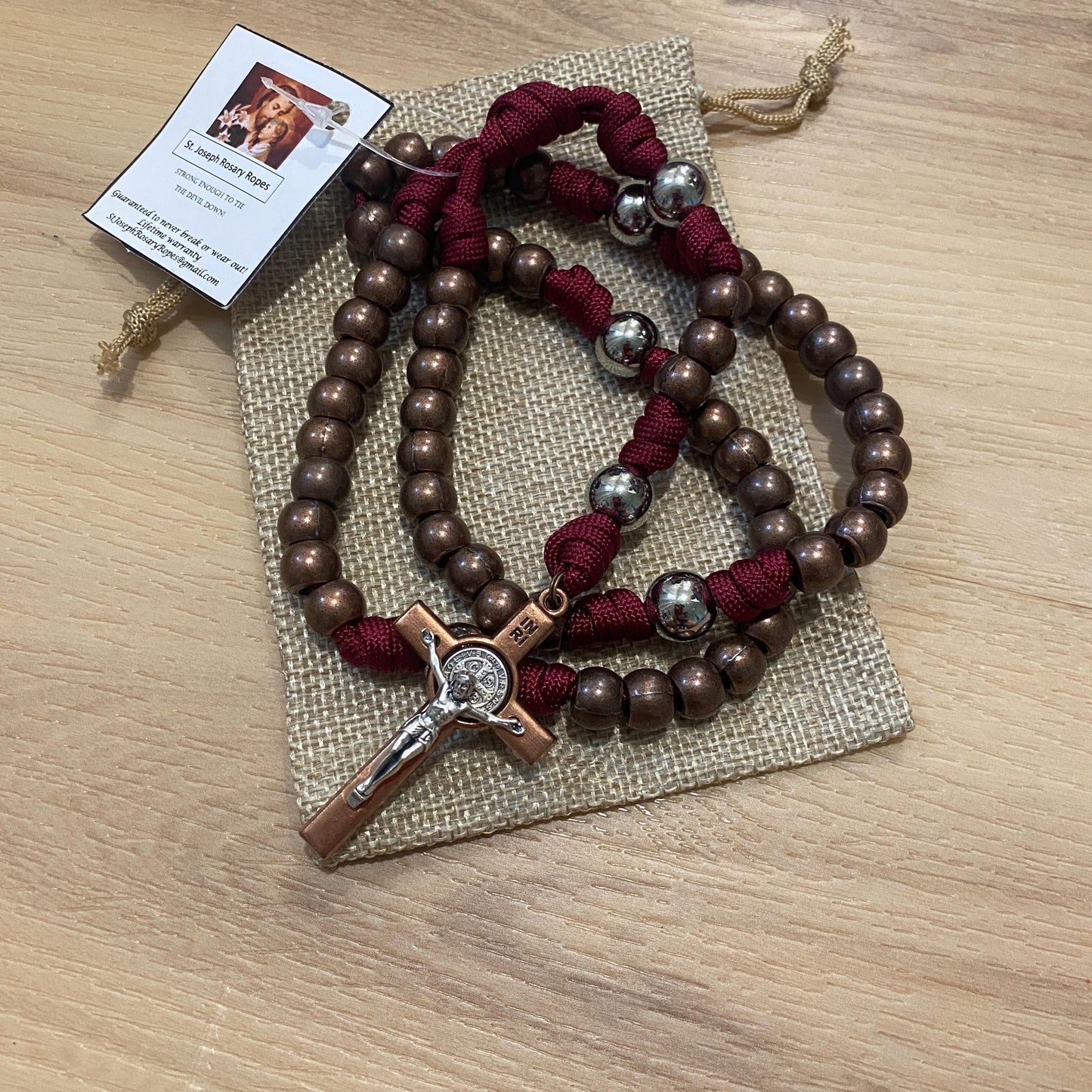 Paracord Rosary - Burgundy and Antique Copper - Metal Beads