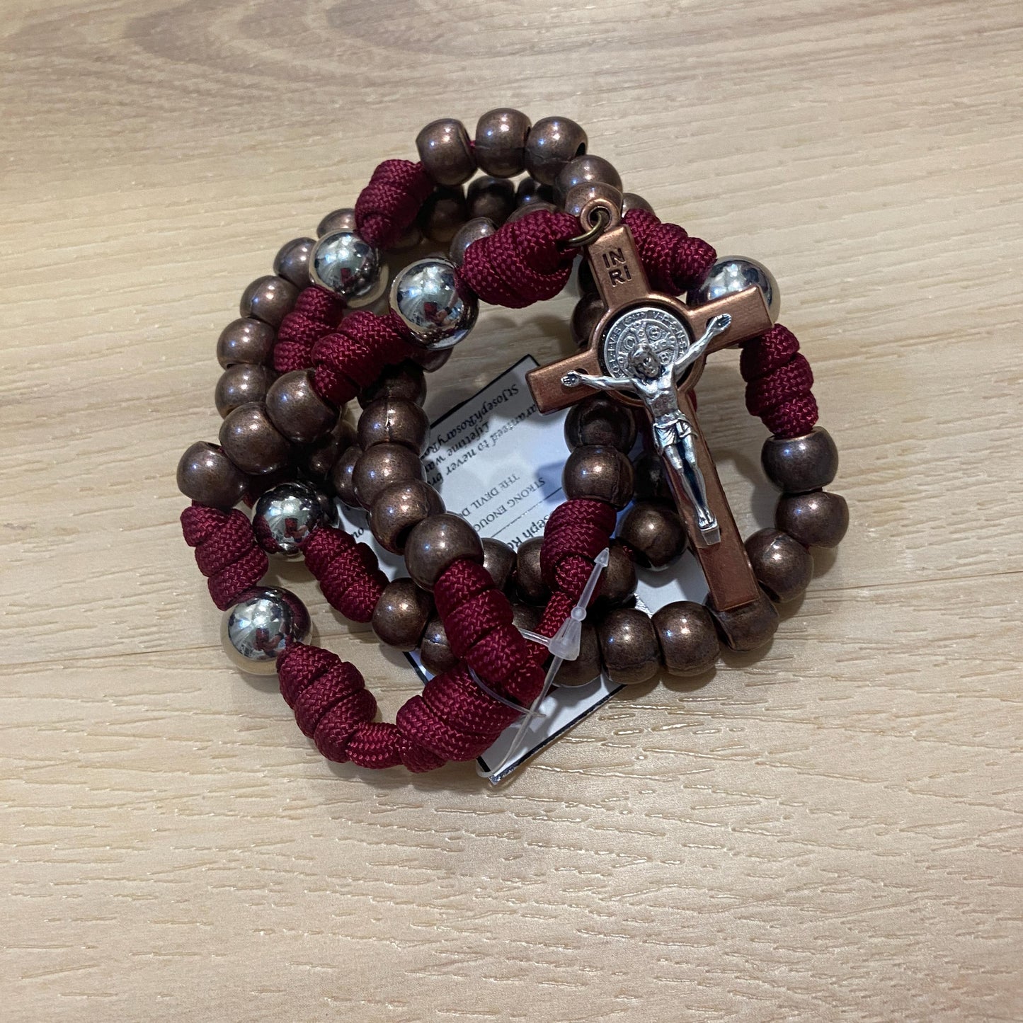 Paracord Rosary - Burgundy and Antique Copper - Metal Beads