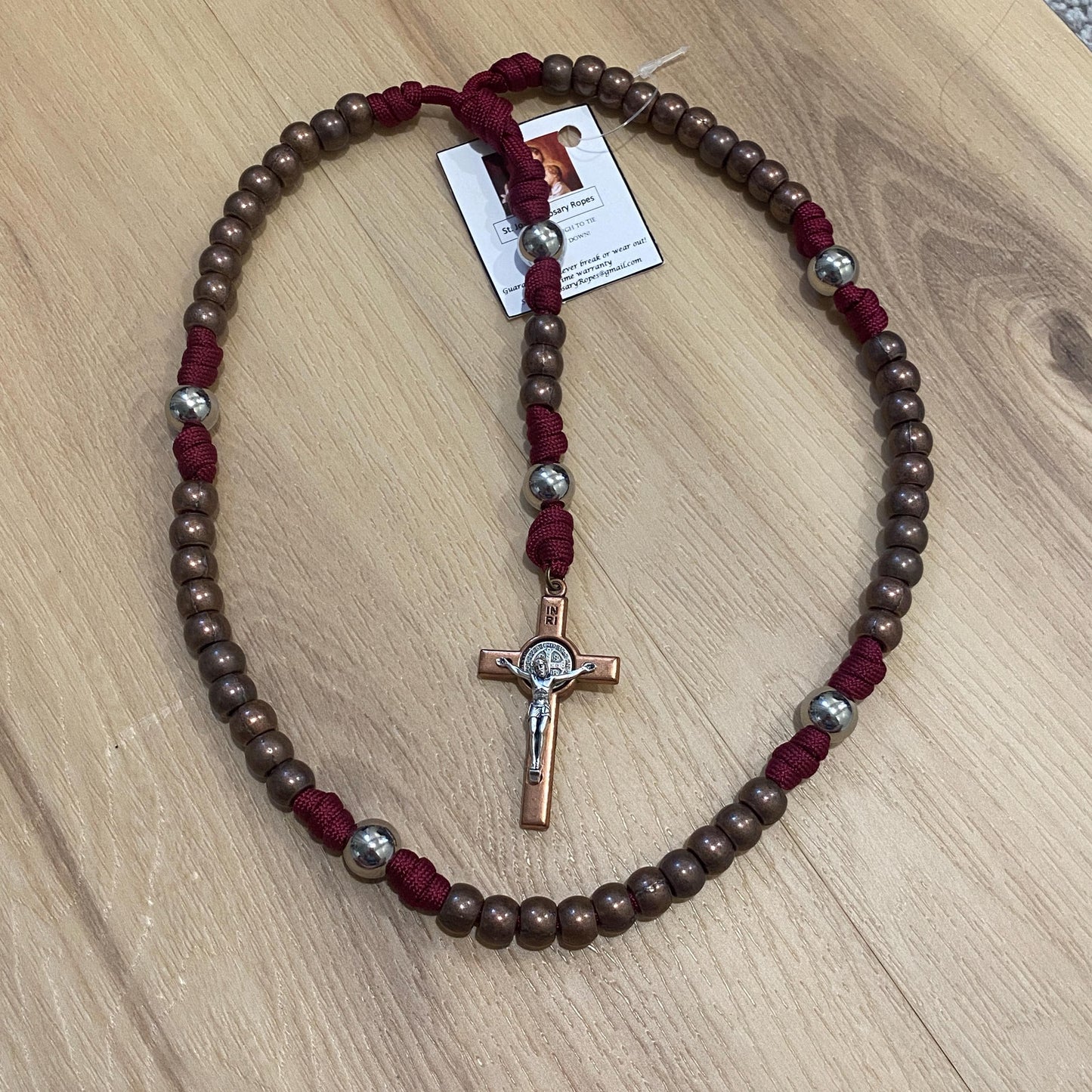 Paracord Rosary - Burgundy and Antique Copper - Metal Beads