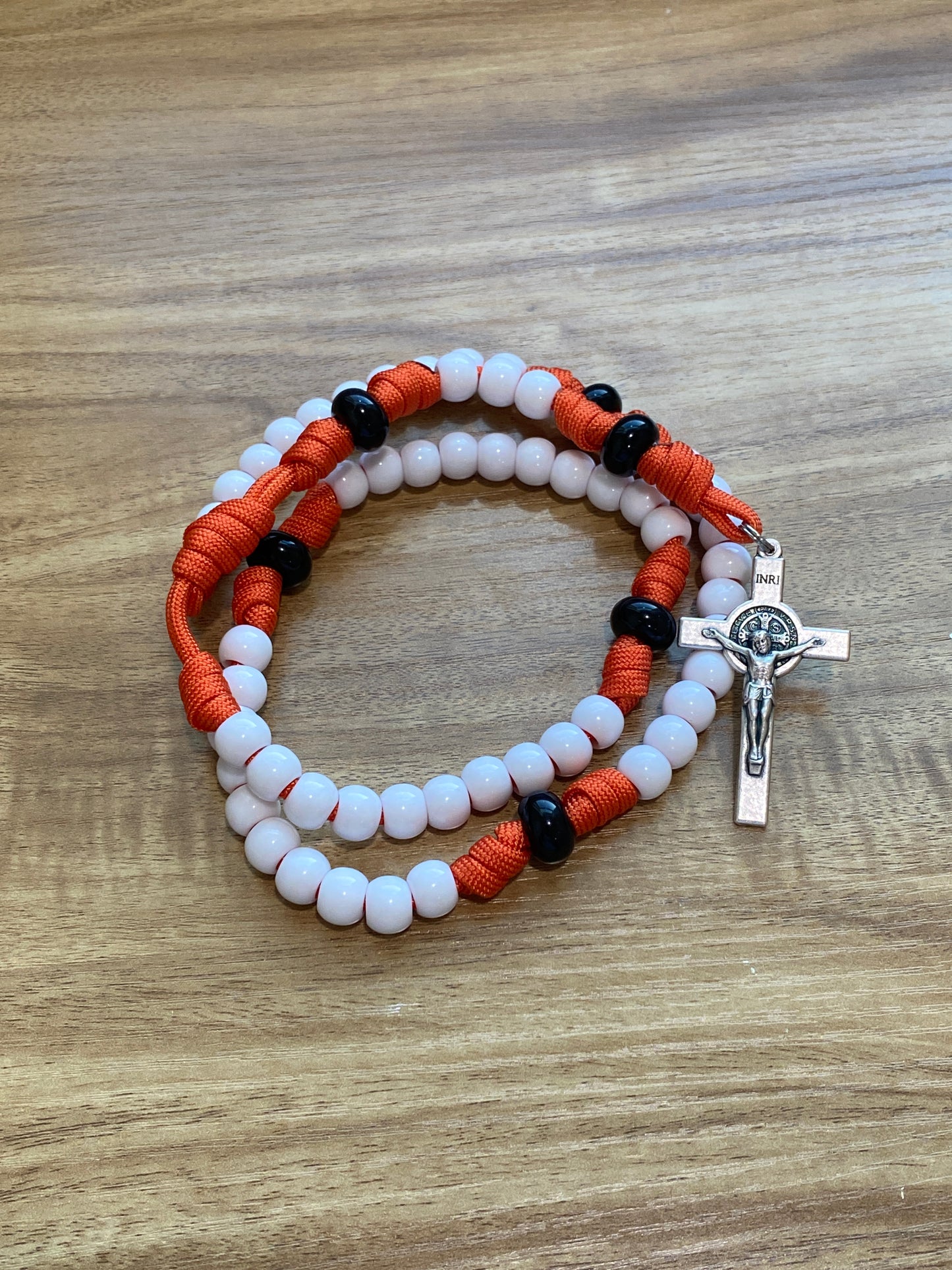 Paracord Rosary - White and Burnt Orange - Acrylic Beads