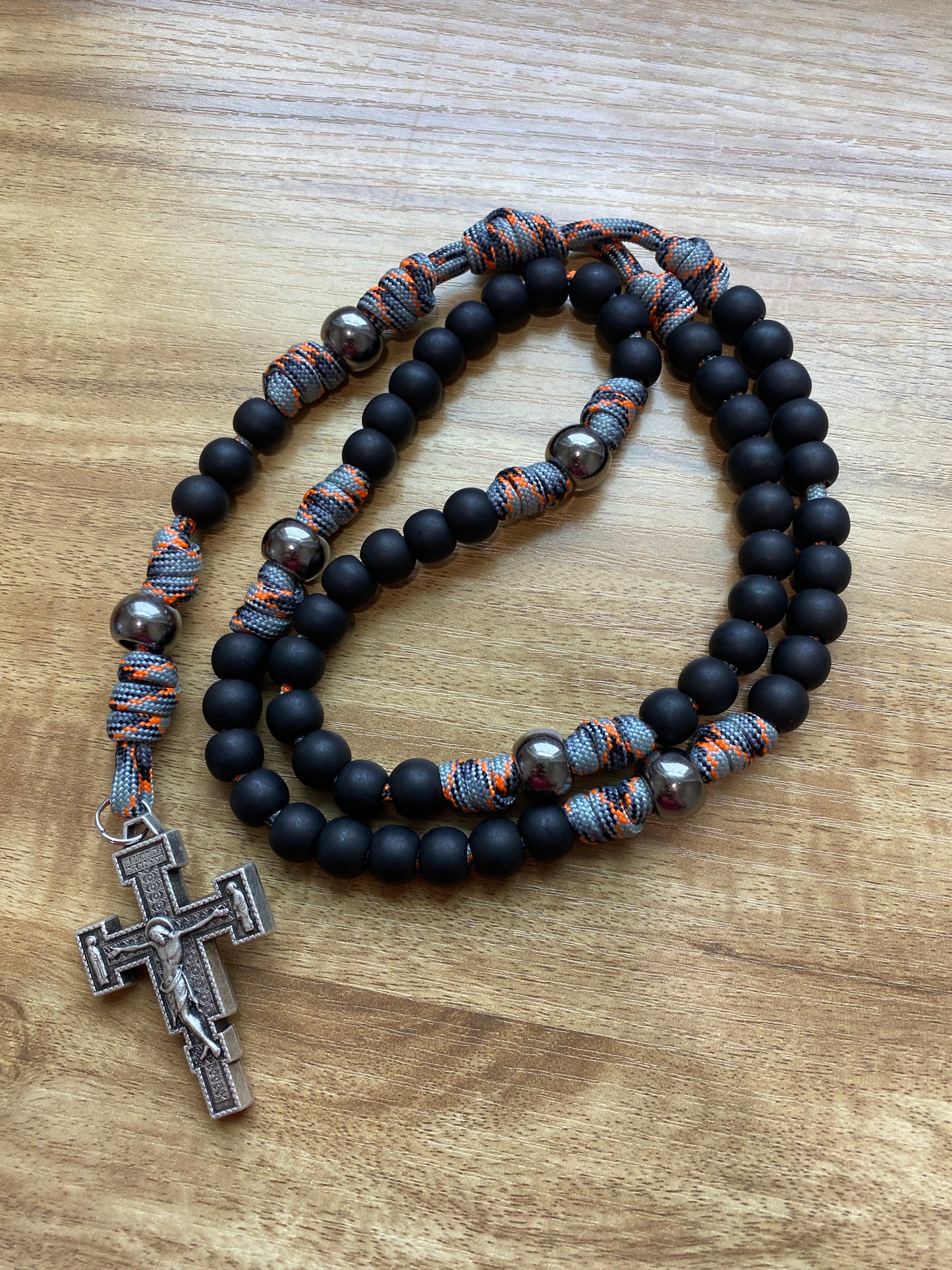 Paracord Rosary - Grey Orange Camo Cord and Black Acrylic Beads