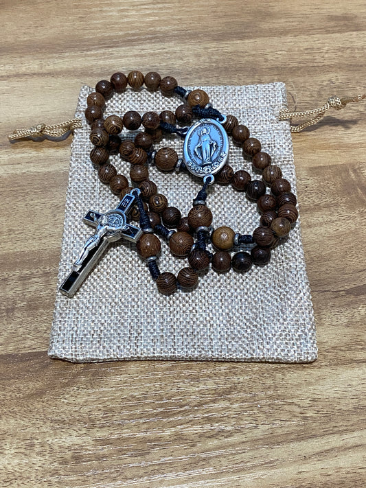 Kevlar cord - Miraculous Medal - Black Cord and Wood Beads