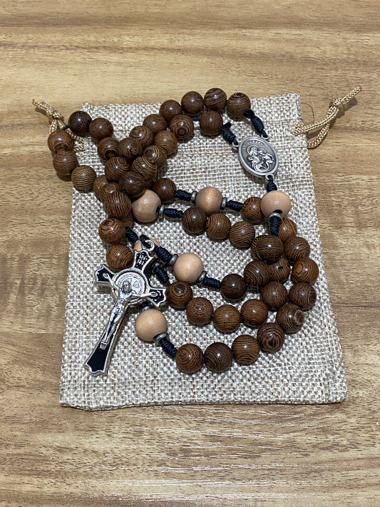 Kevlar Cord St. Joseph Rosary - Black Cord and Wood Beads