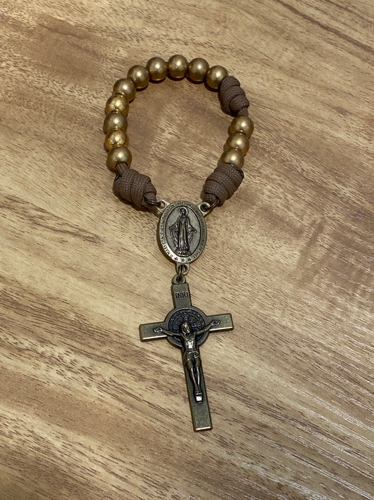 Single Decade Paracord Pocket Rosary - Brass Beads and Brown Cord