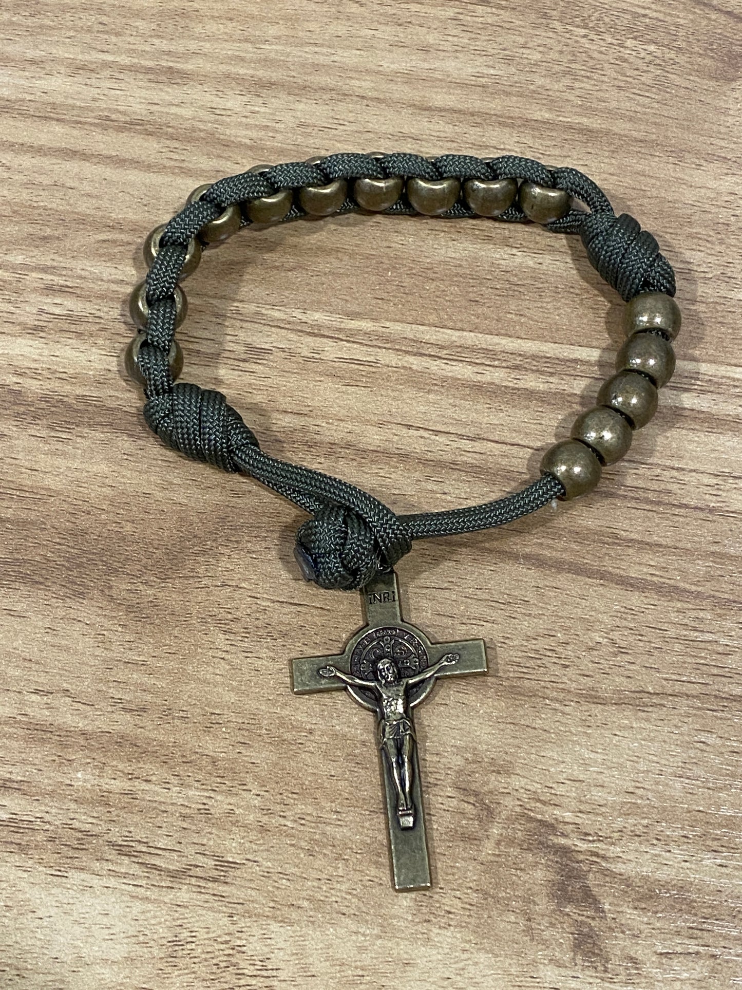 Paracord Pocket/Field Rosary - Olive Green and Antique Brass - Metal Beads