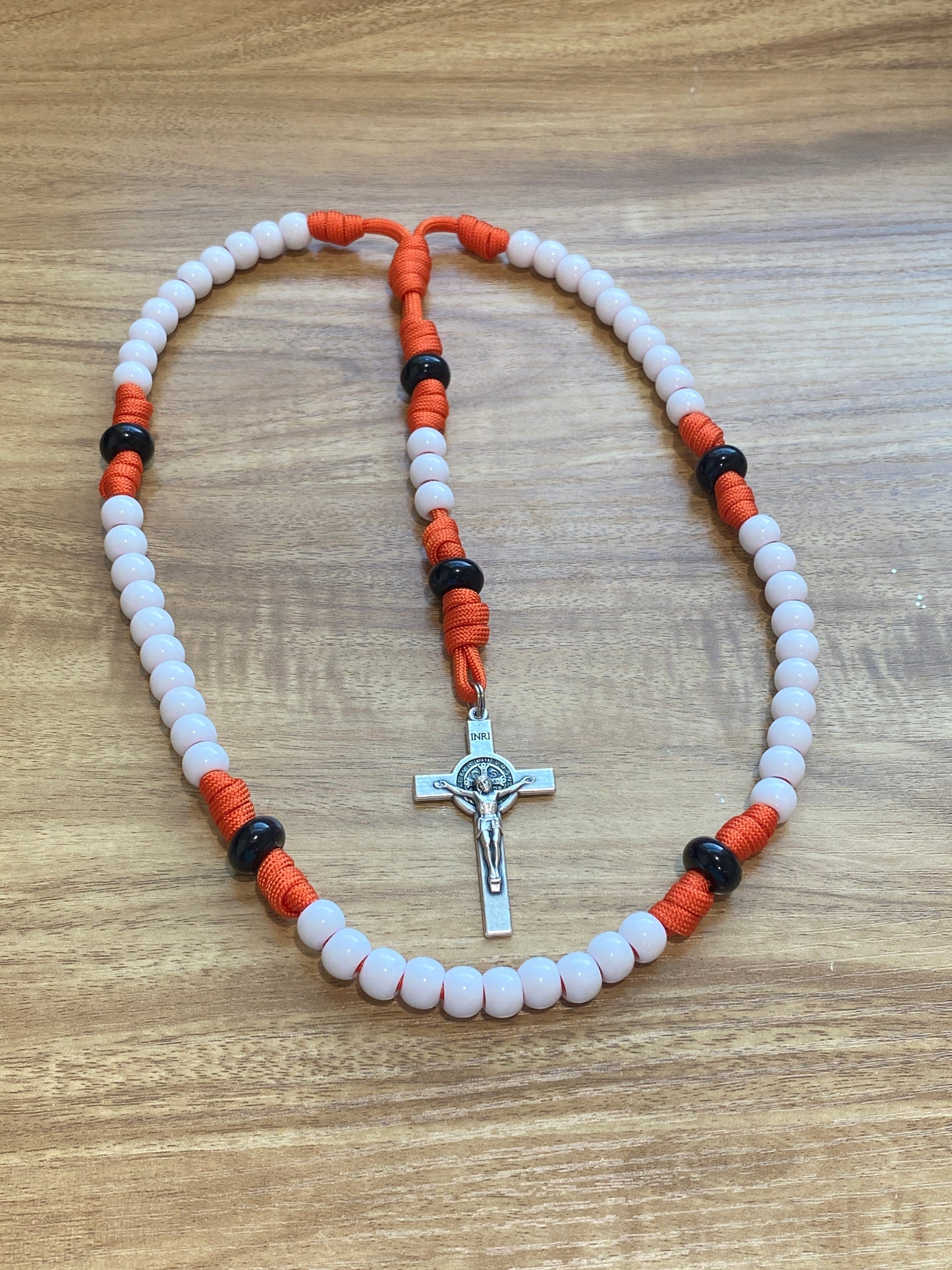 Paracord Rosary - White and Burnt Orange - Acrylic Beads