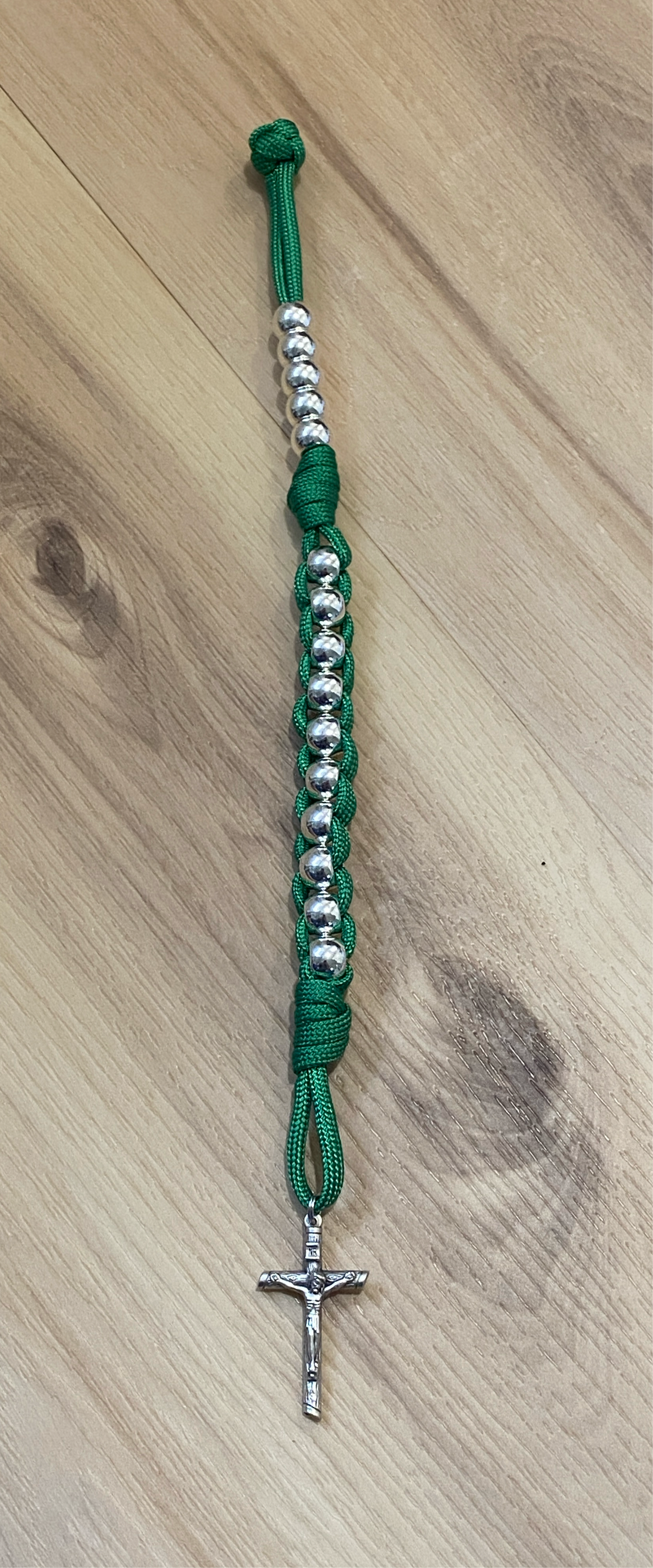 Paracord Pocket/Field Rosary - Green and Silver - Metal Alloy Beads