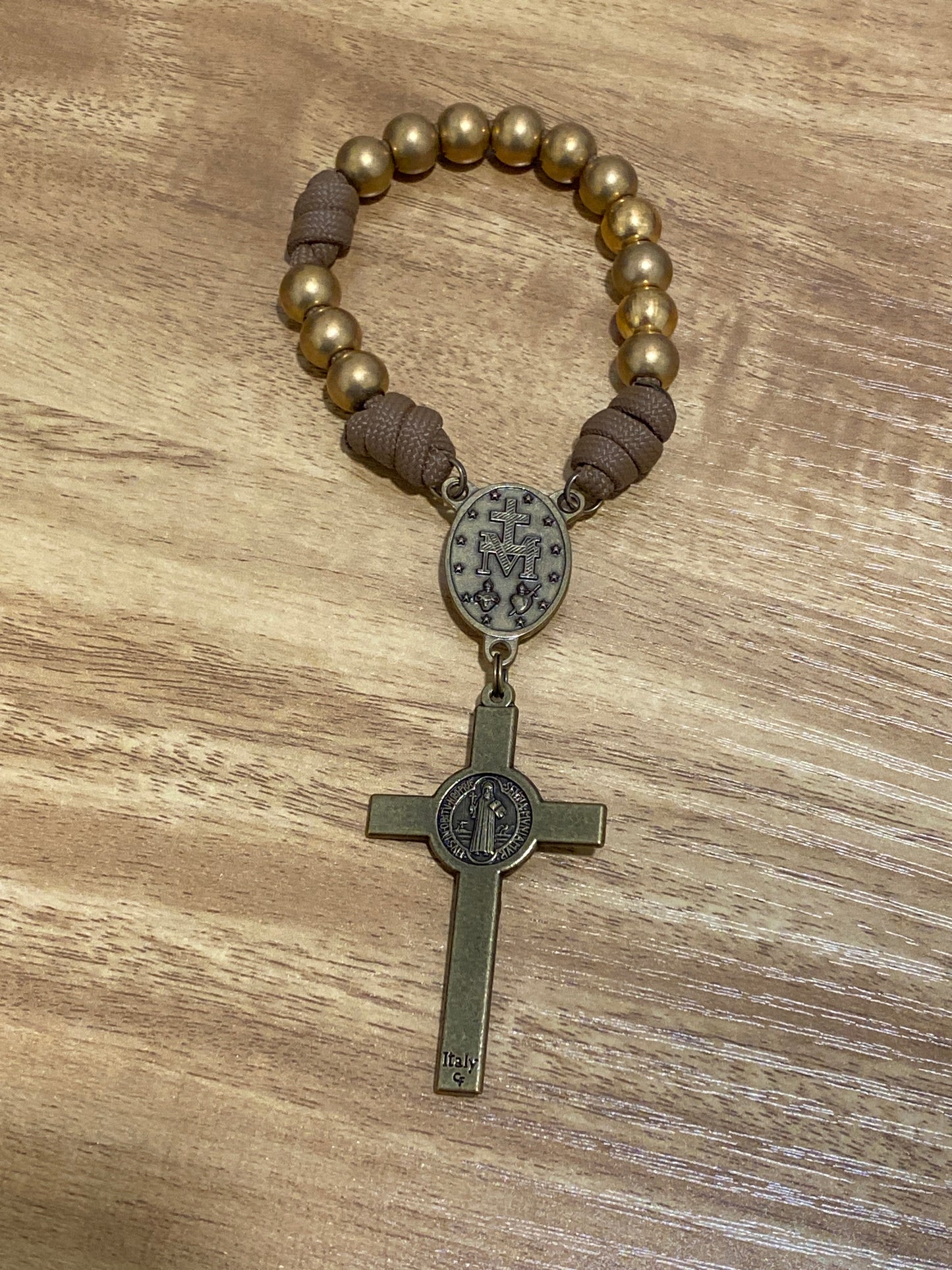 Single Decade Paracord Pocket Rosary - Brass Beads and Brown Cord