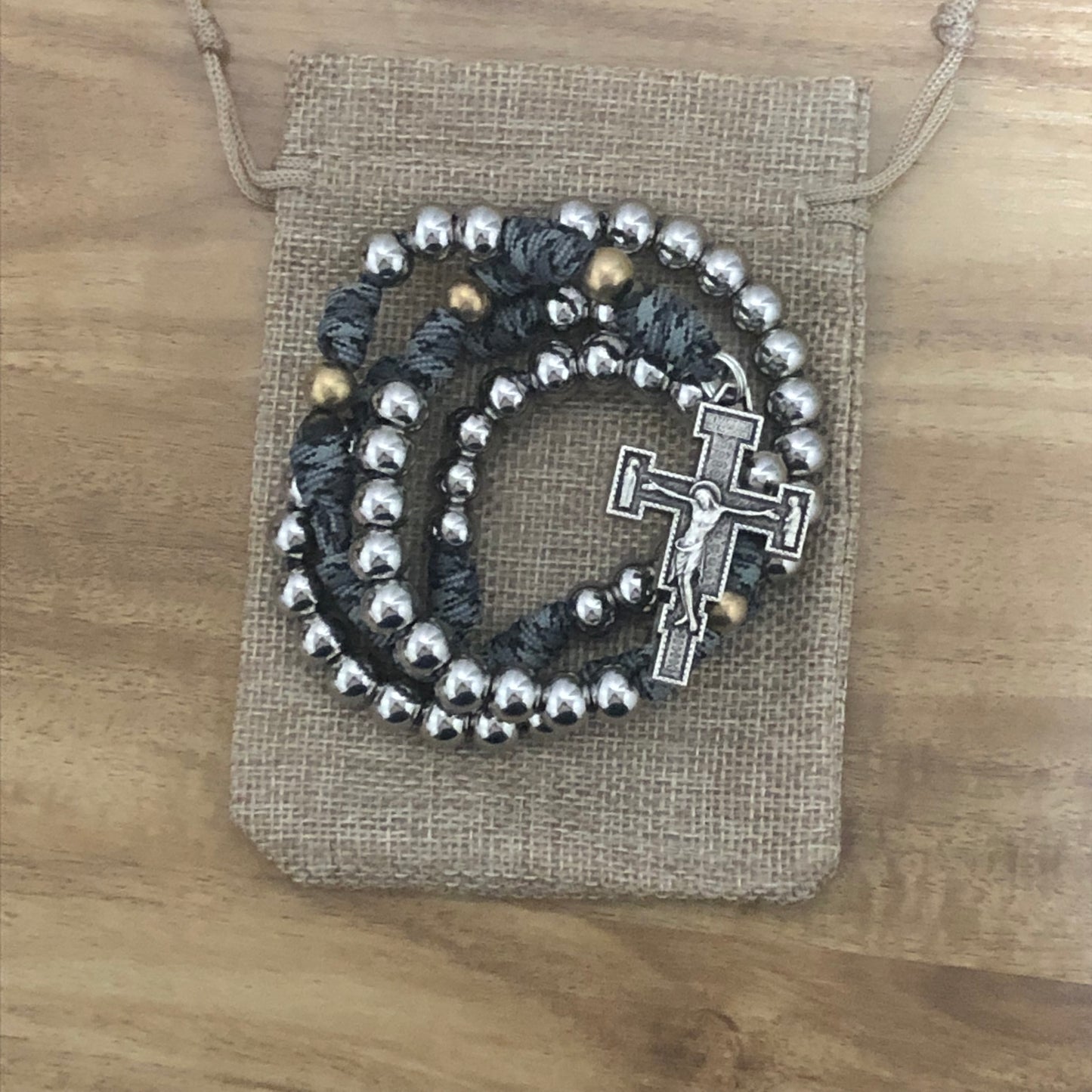 Paracord Rosary - Grey Camo and Stainless Steel-