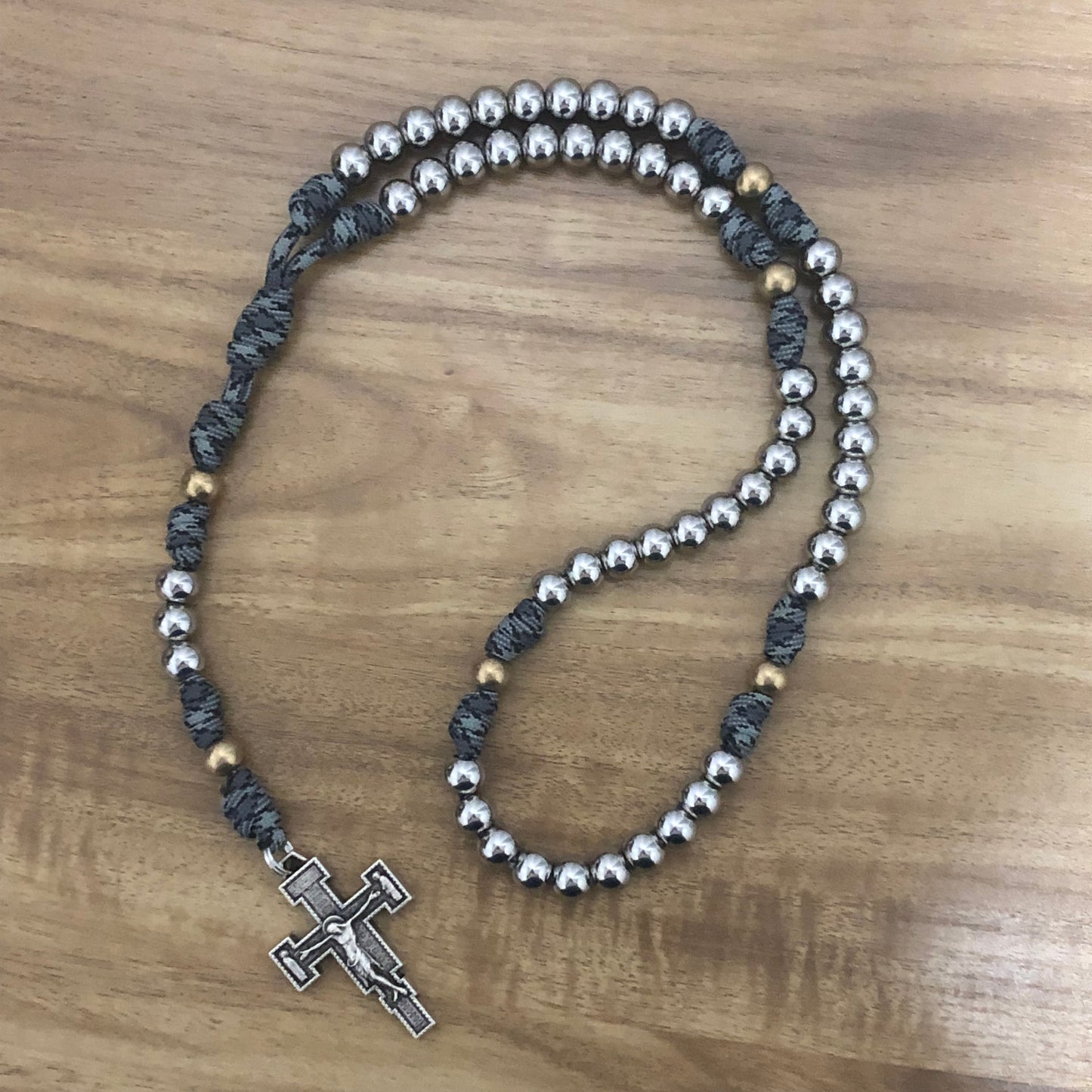 Paracord Rosary - Grey Camo and Stainless Steel-