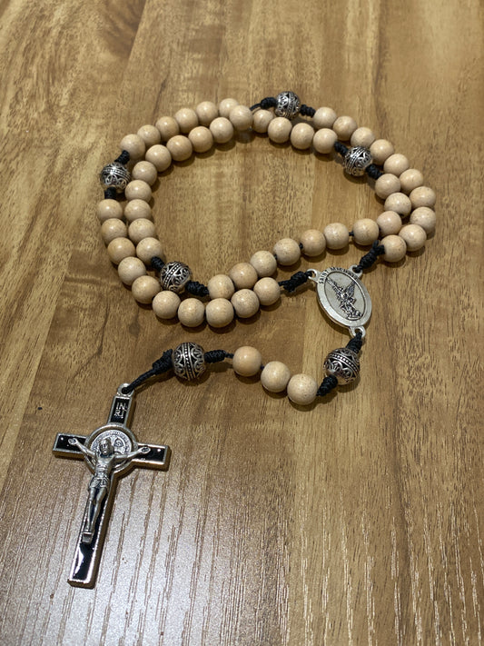Kevlar Cord St. Michael Rosary - Black Cord and Wood Beads