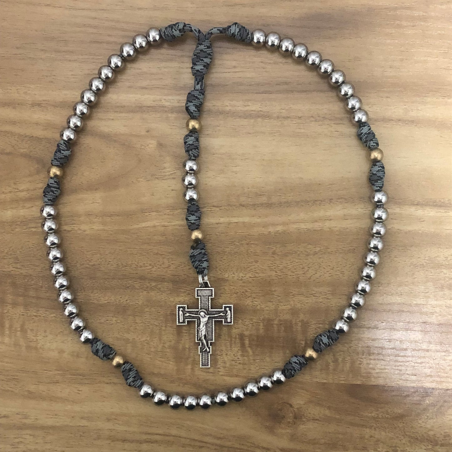 Paracord Rosary - Grey Camo and Stainless Steel-