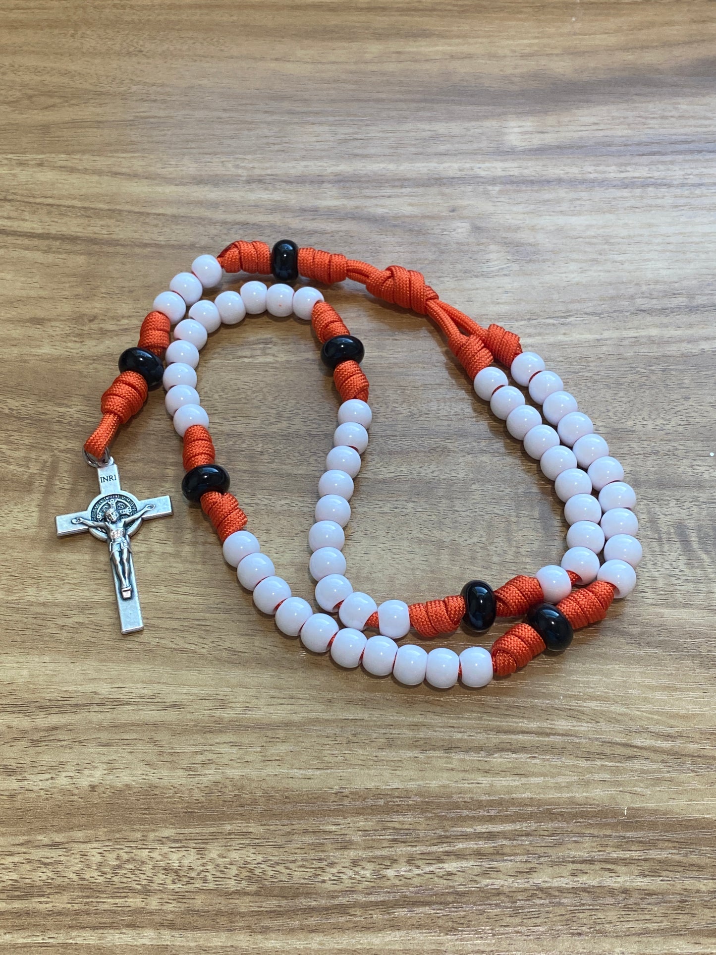 Paracord Rosary - White and Burnt Orange - Acrylic Beads