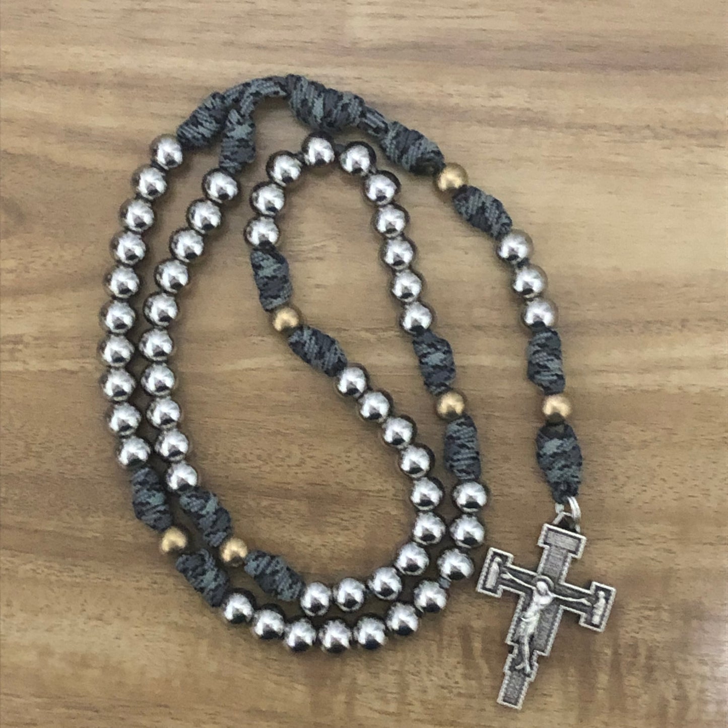 Paracord Rosary - Grey Camo and Stainless Steel-