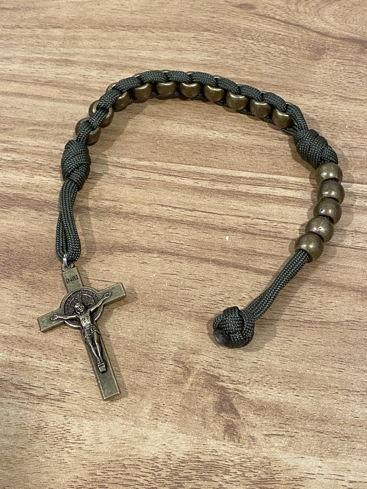 Paracord Pocket/Field Rosary - Olive Green and Antique Brass - Metal Beads