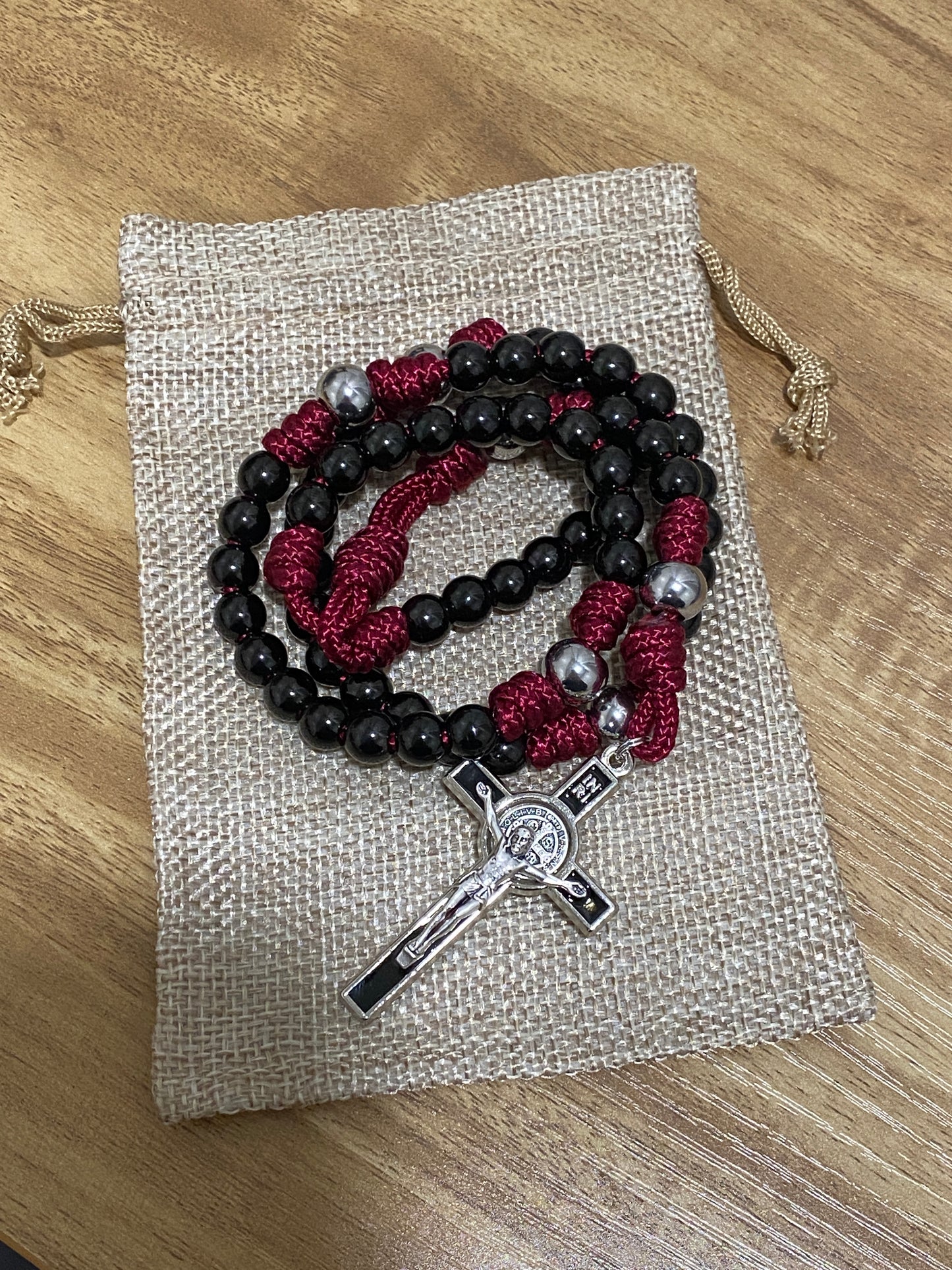 Mini Paracord Rosary - Burgundy and Black Stainless Steel