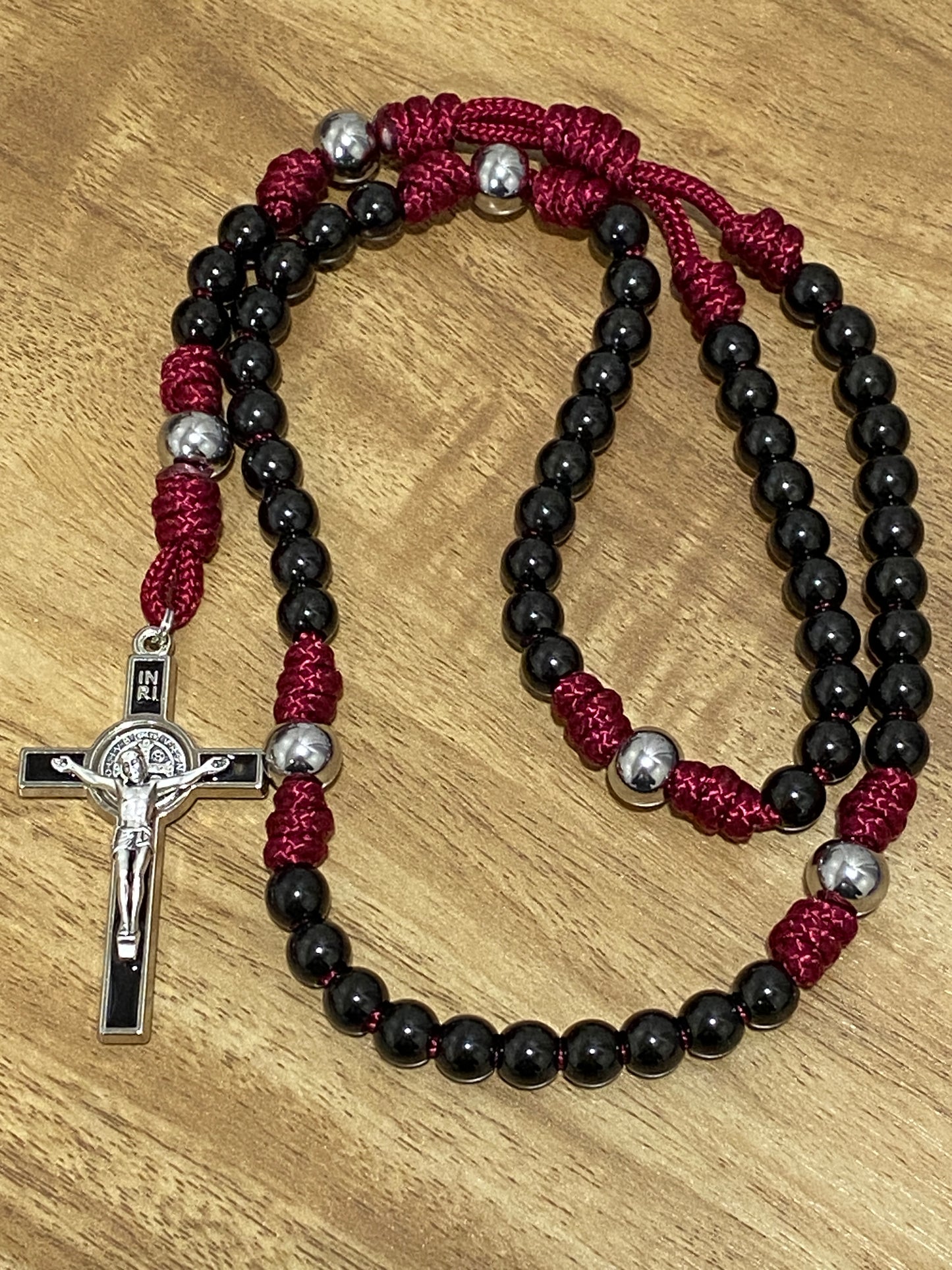 Mini Paracord Rosary - Burgundy and Black Stainless Steel