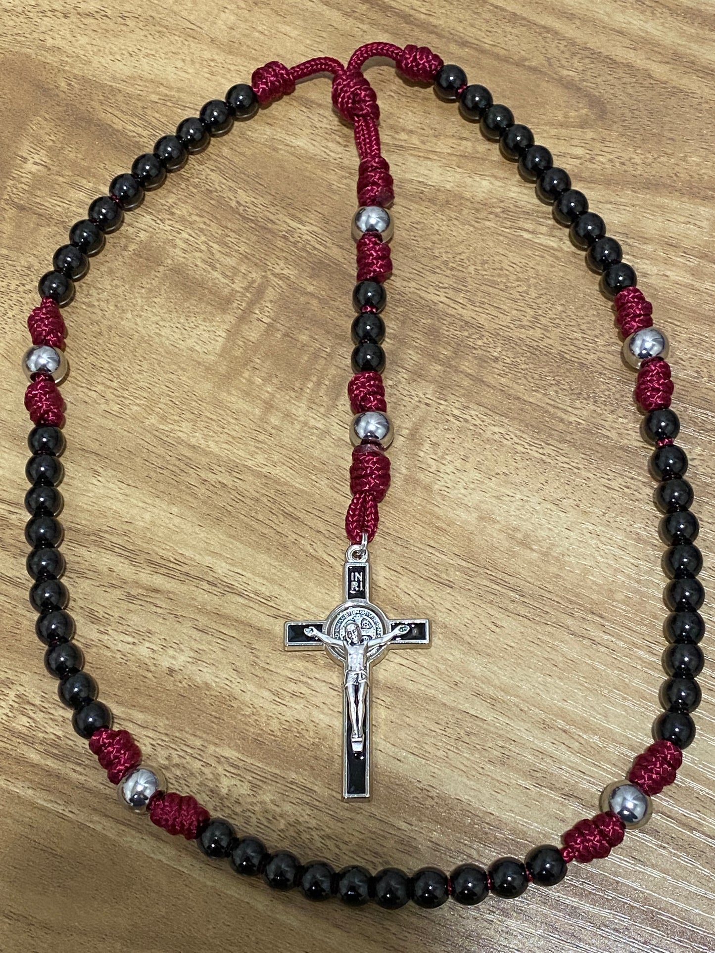 Mini Paracord Rosary - Burgundy and Black Stainless Steel