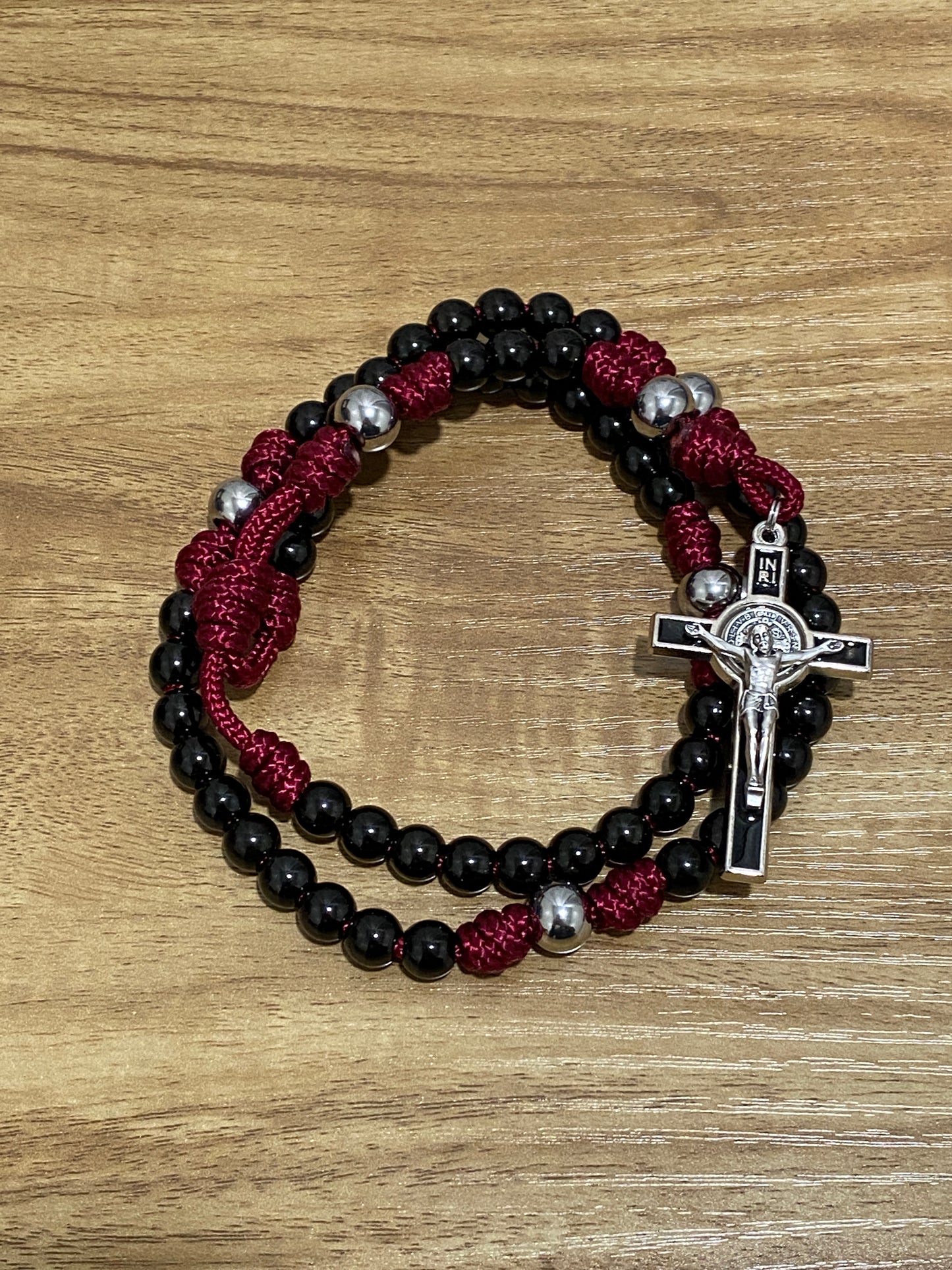 Mini Paracord Rosary - Burgundy and Black Stainless Steel