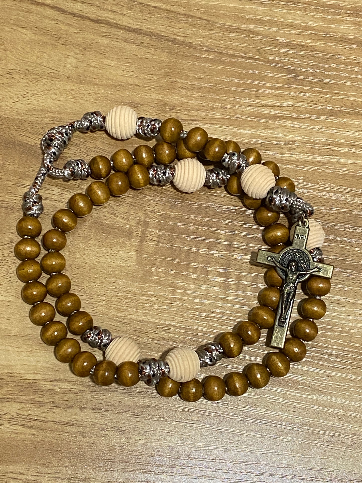 Paracord Rosary - Desert Camo and Wood Beads