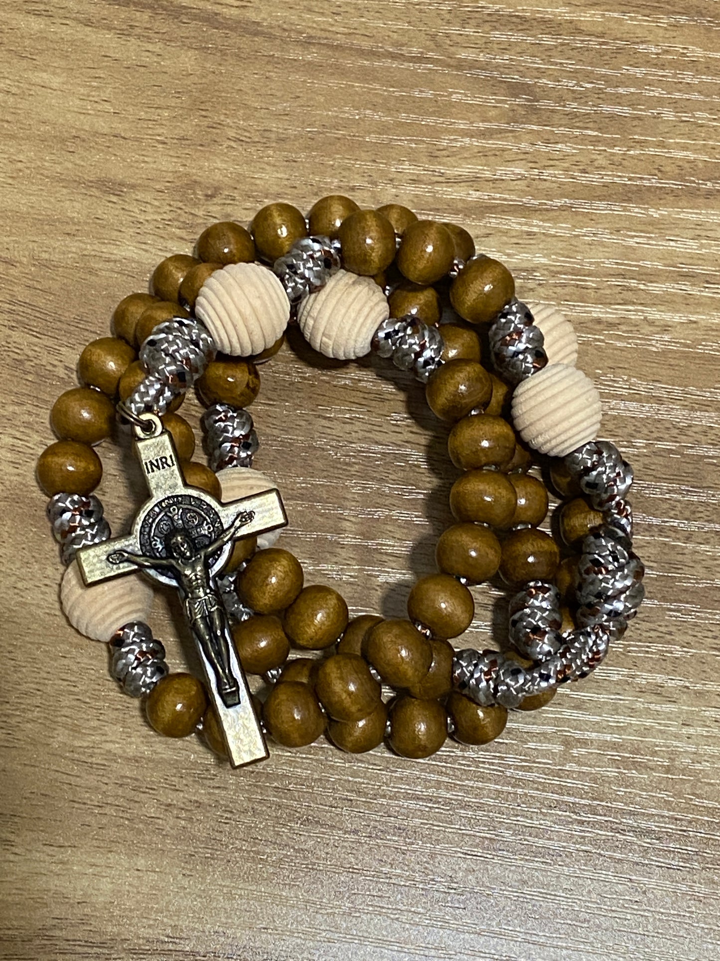 Paracord Rosary - Desert Camo and Wood Beads