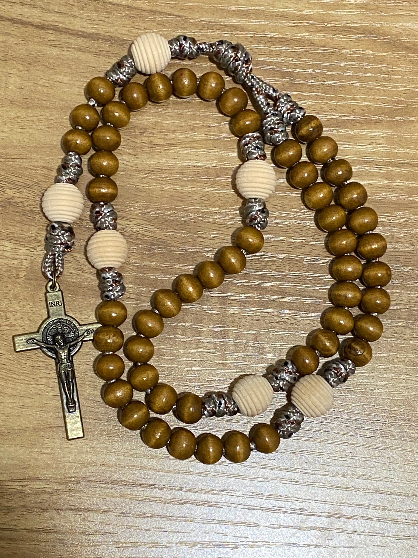 Paracord Rosary - Desert Camo and Wood Beads